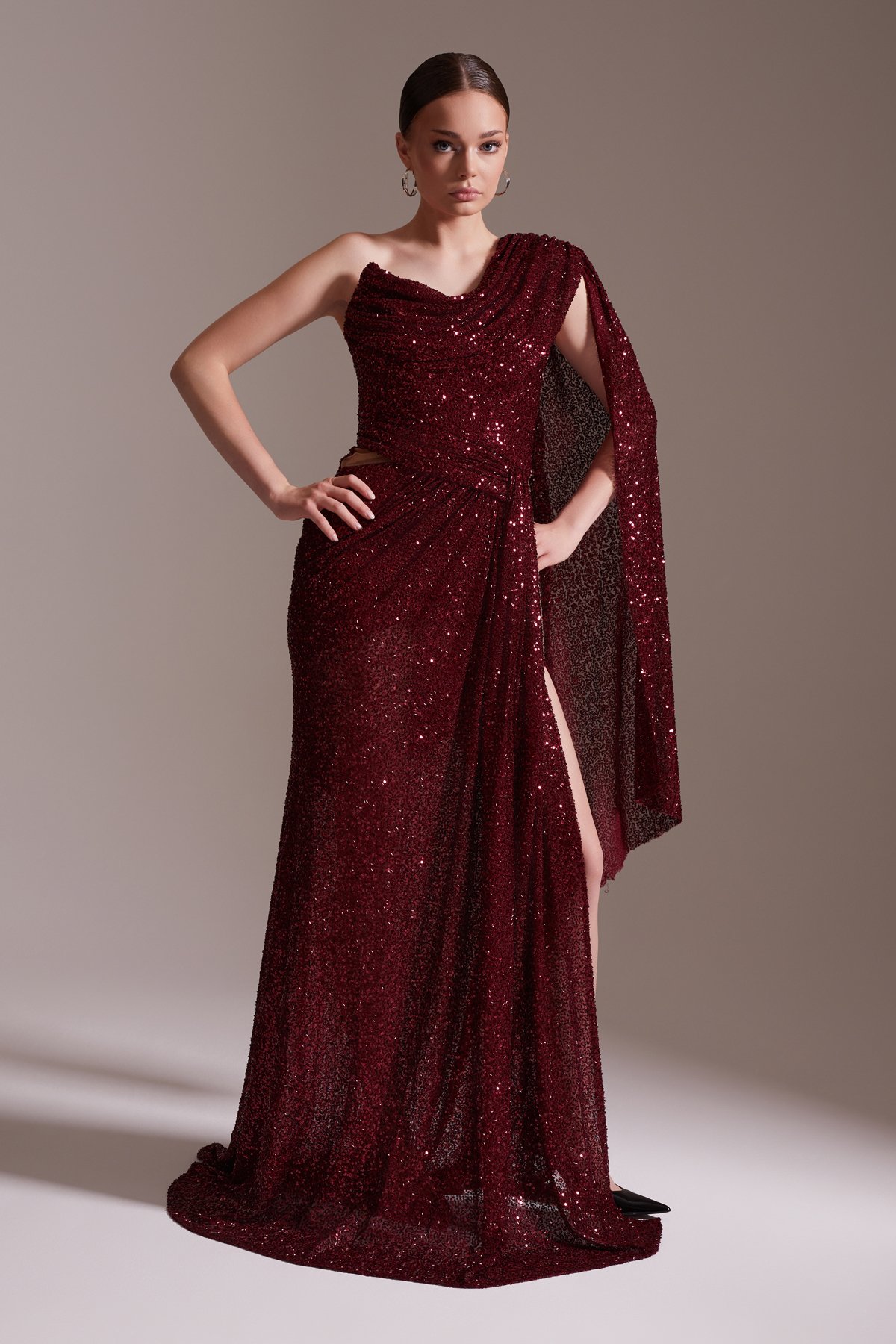 One Shoulder Slit Sequin Evening Dress Burgundy