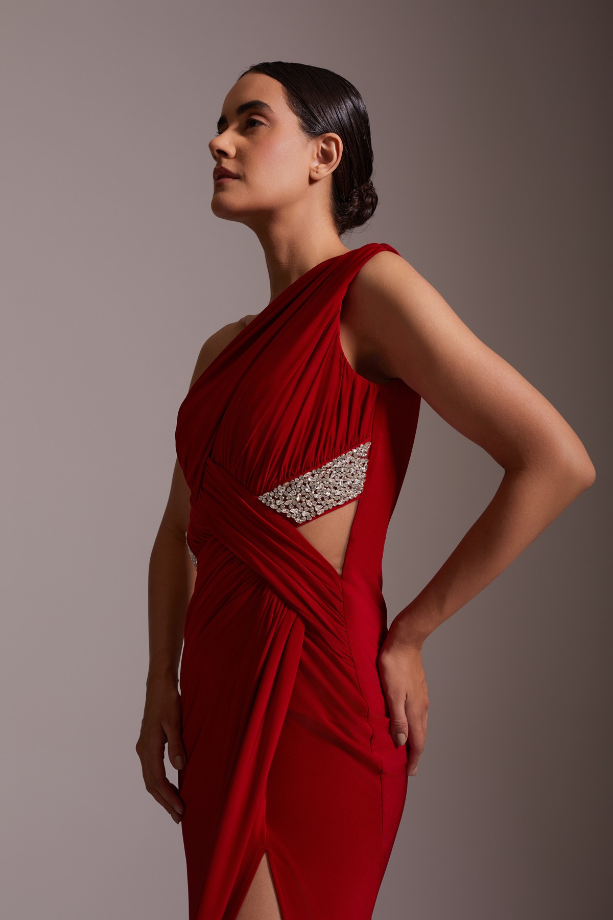 One Shoulder Slit Draped Stone Detailed Evening Dress Red