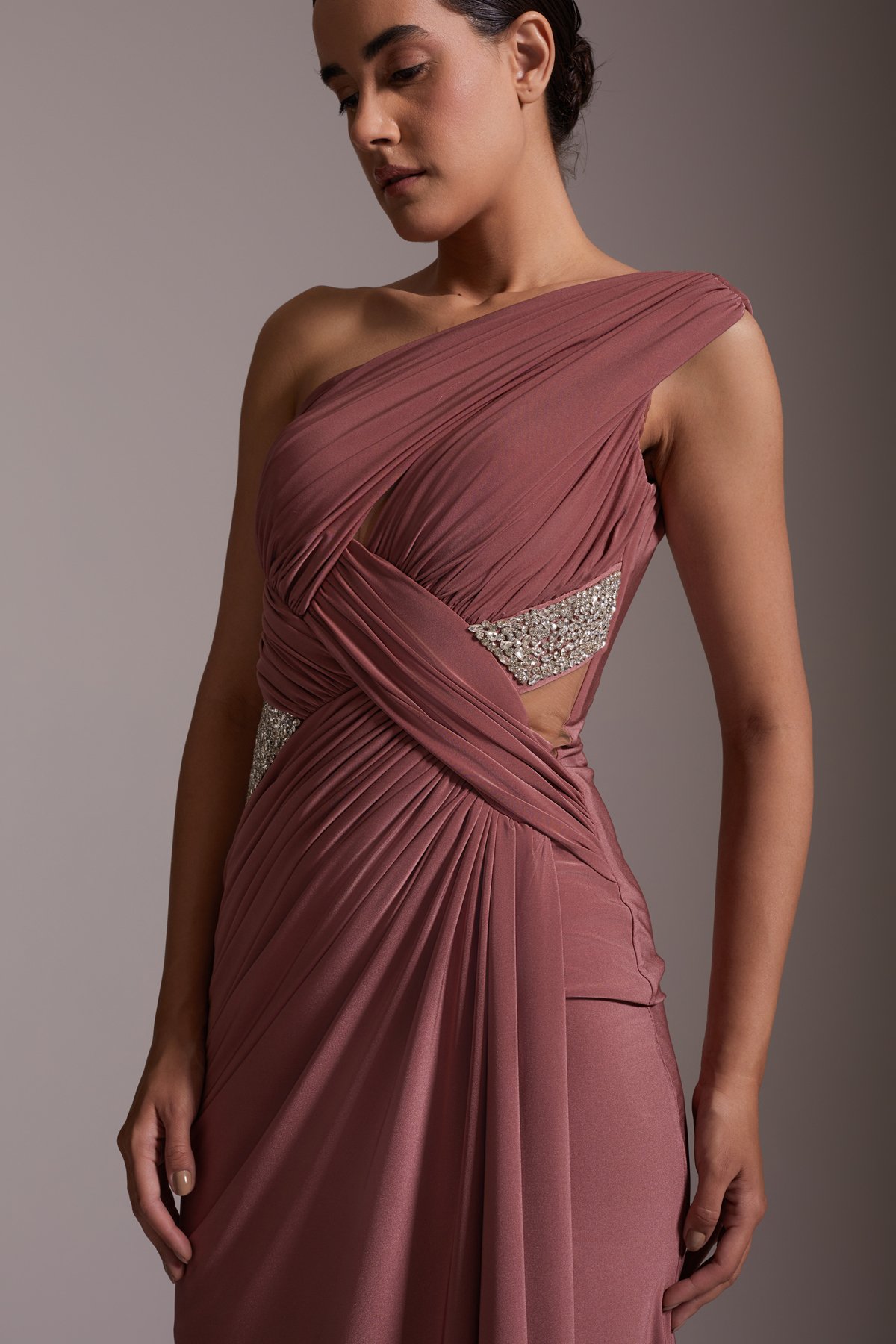 One-Shoulder Pleated Satin Evening Dress with Slit and Stone Detail in Wine Color