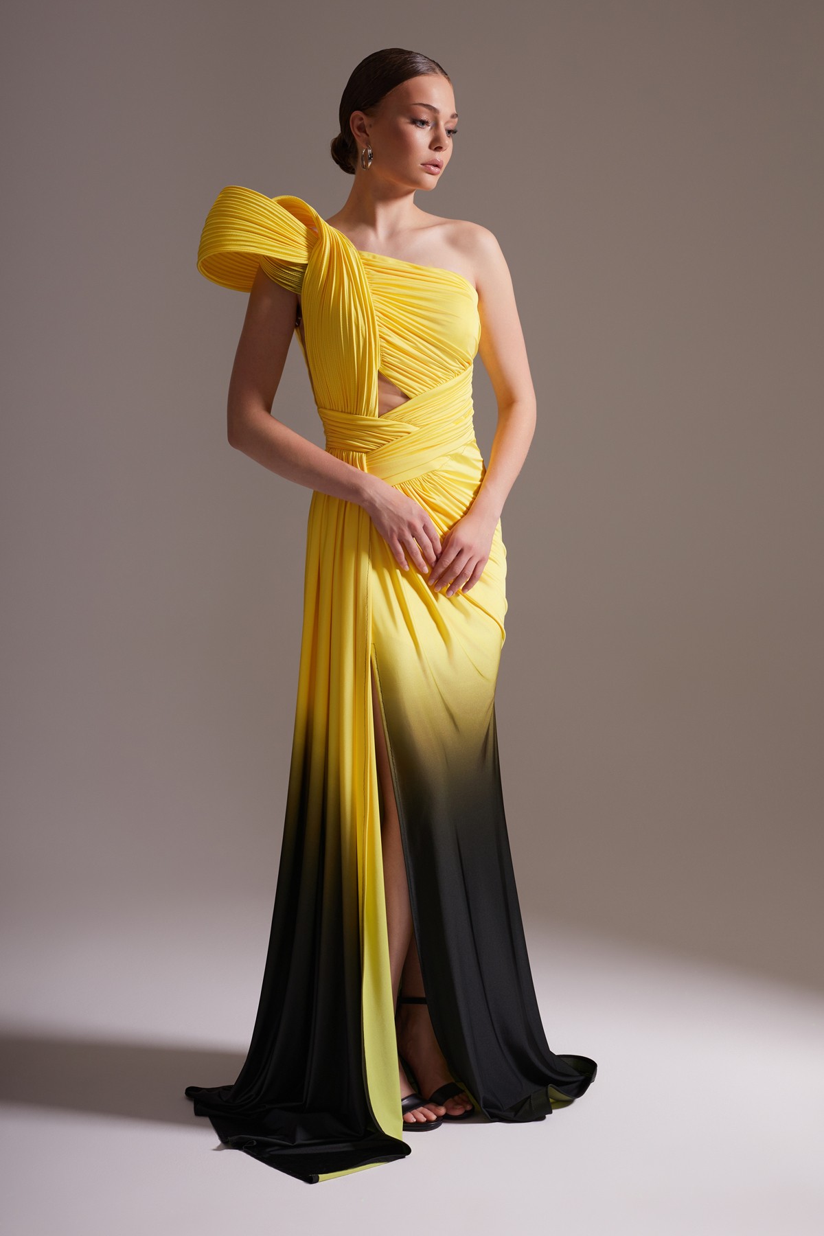 Shoulder Detailed Single Sleeve Draped Long Evening Dress Yellow Black