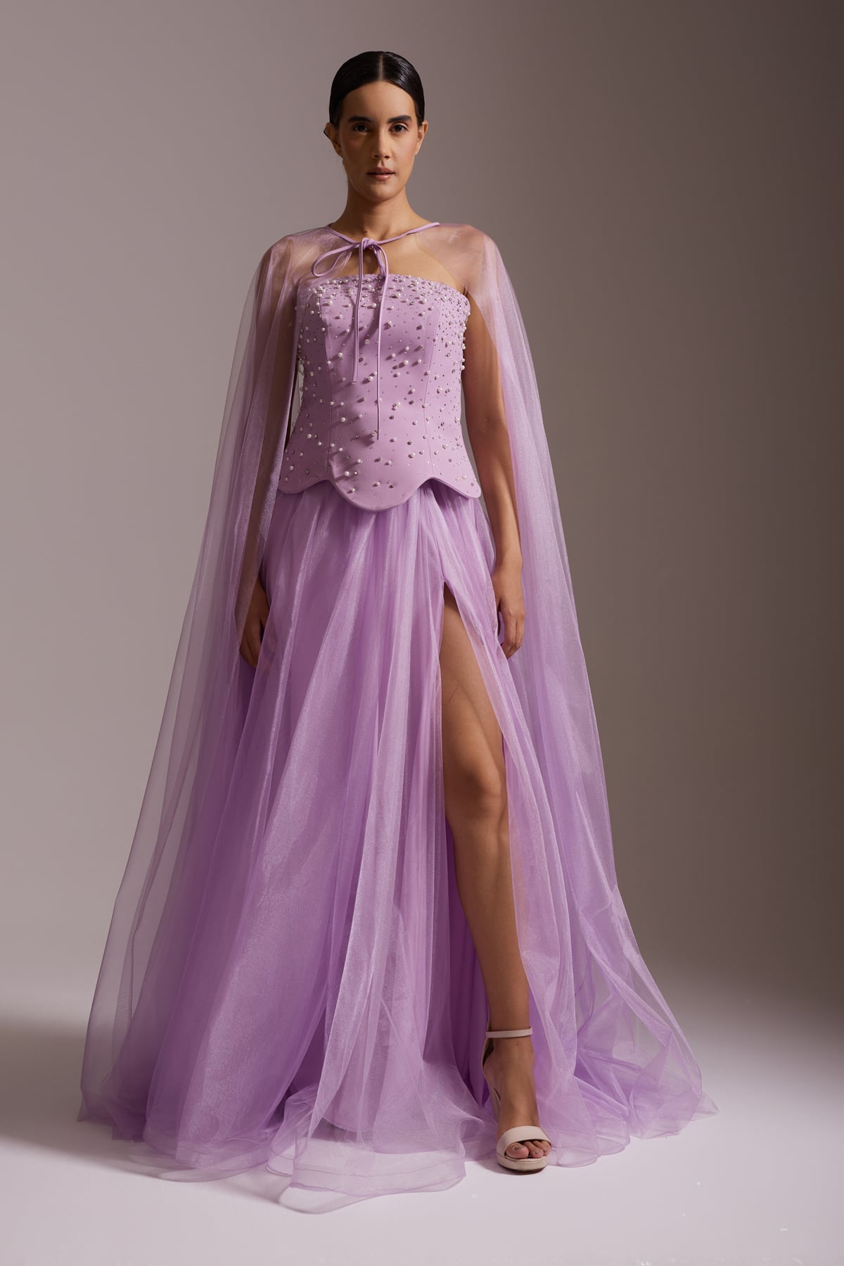 Stone Embroidered Tulle Cape and Slit Evening Dress Lilac