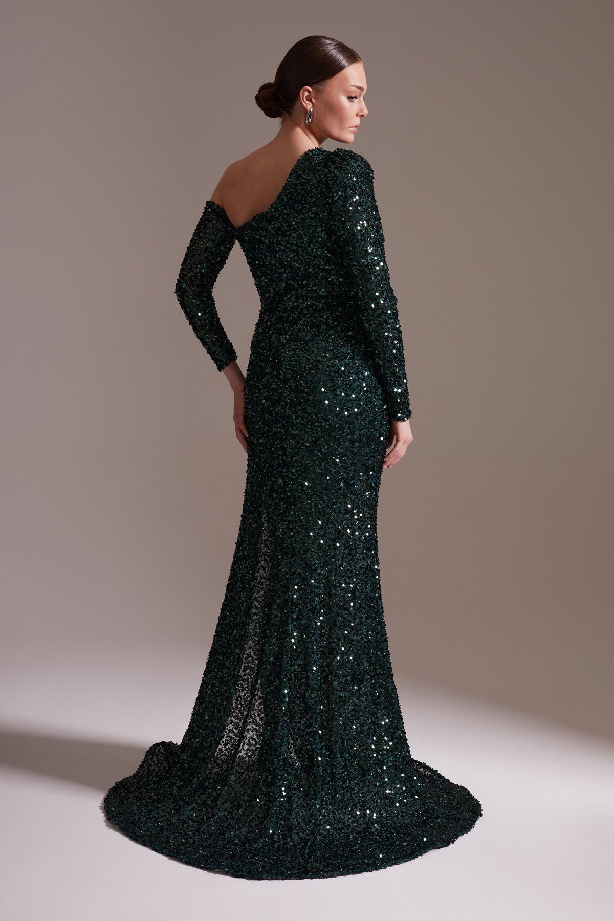 One Shoulder Sequined Slit Evening Dress Green