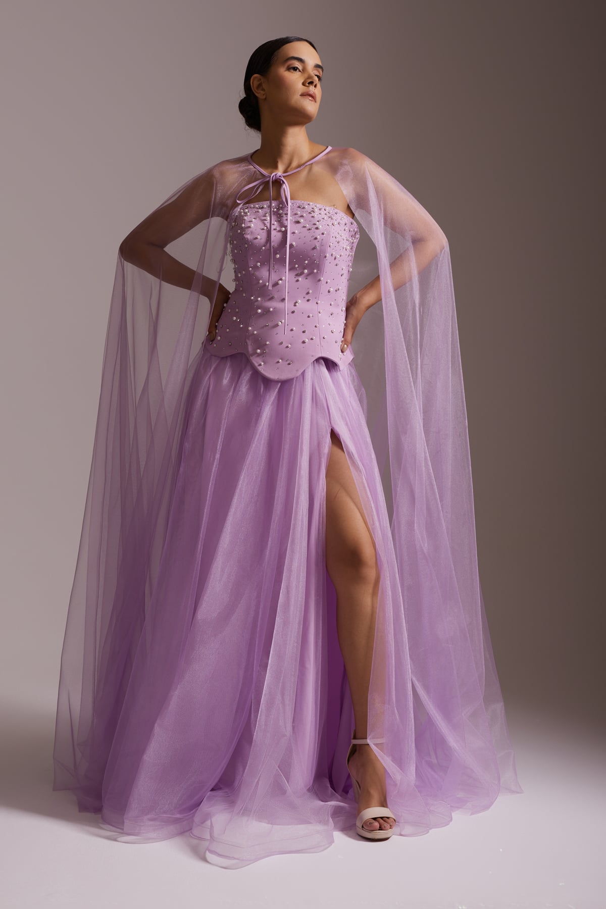 Stone Embroidered Tulle Cape and Slit Evening Dress Lilac