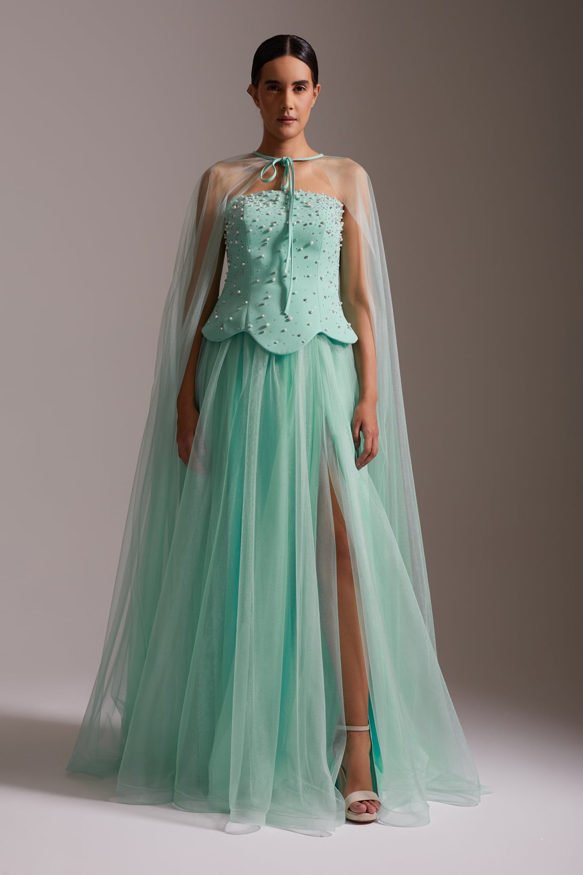 Stone Embroidered Tulle Skirt and Cape Detailed Slit Evening Dress, Sea Green