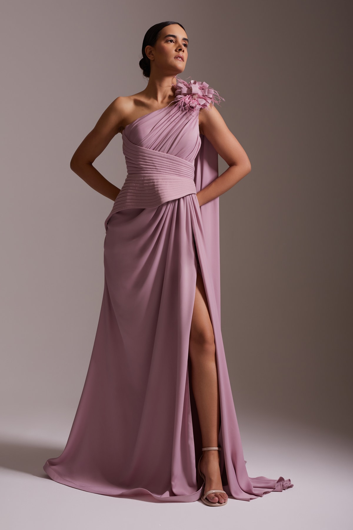 One Shoulder Floral Detailed Slit Chiffon Evening Dress Powder