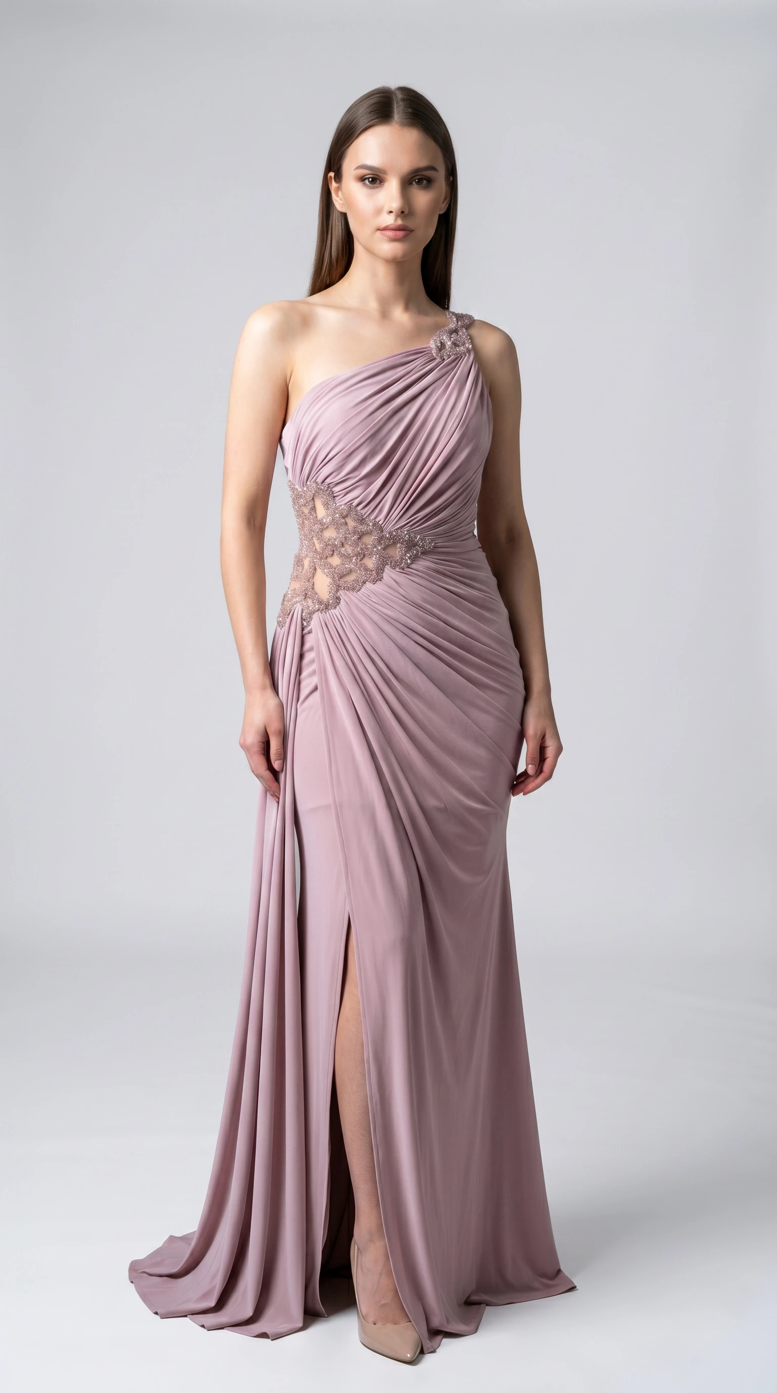 One-Shoulder Draped Jersey Long Evening Dress with Stone Embellishments and  Slit Powder
