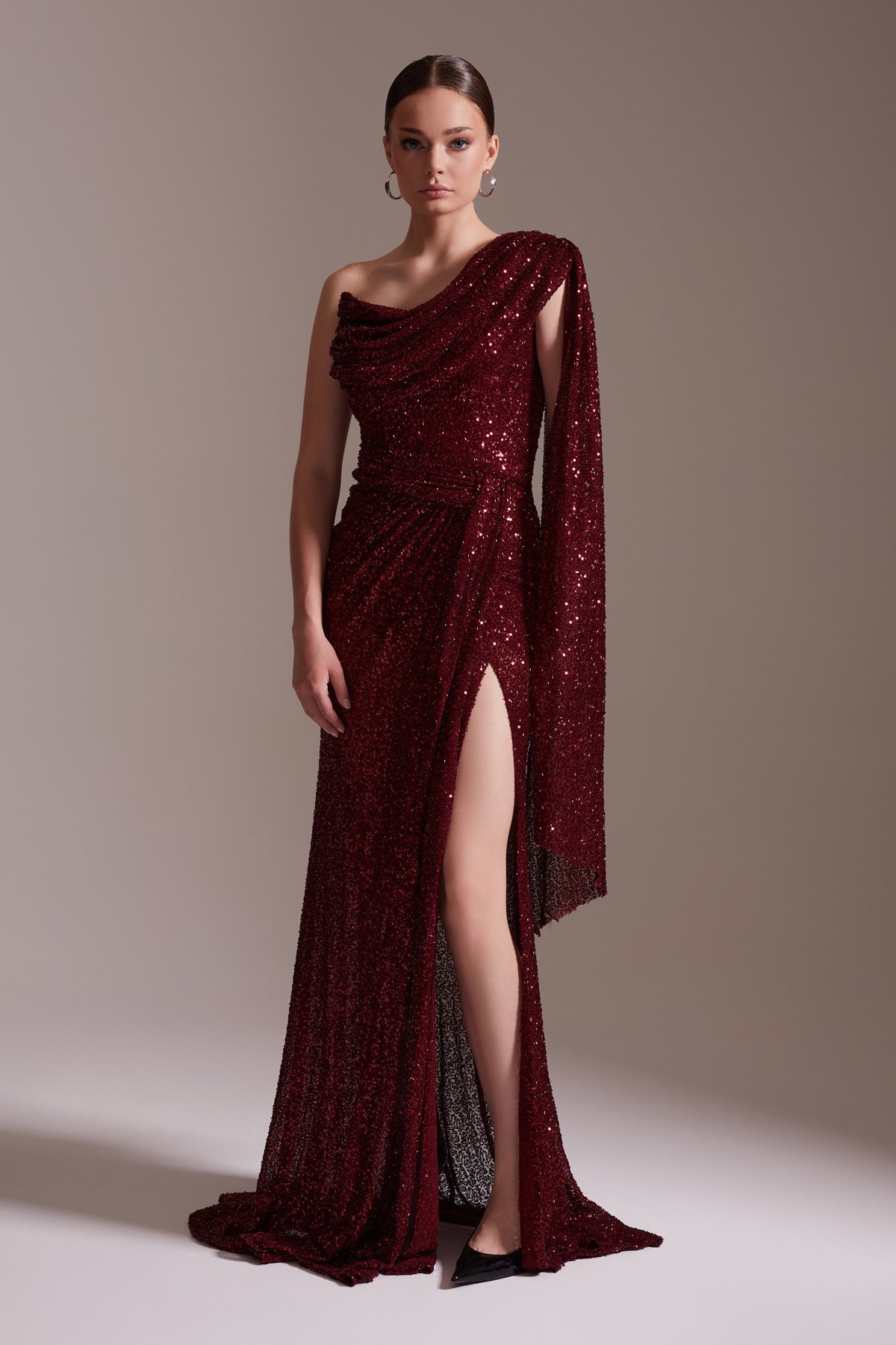 One Shoulder Slit Sequin Evening Dress Burgundy