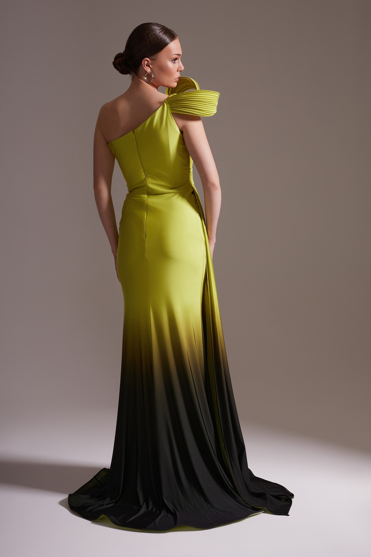 One Shoulder Draped Long Evening Dress Yellow Black Transitional