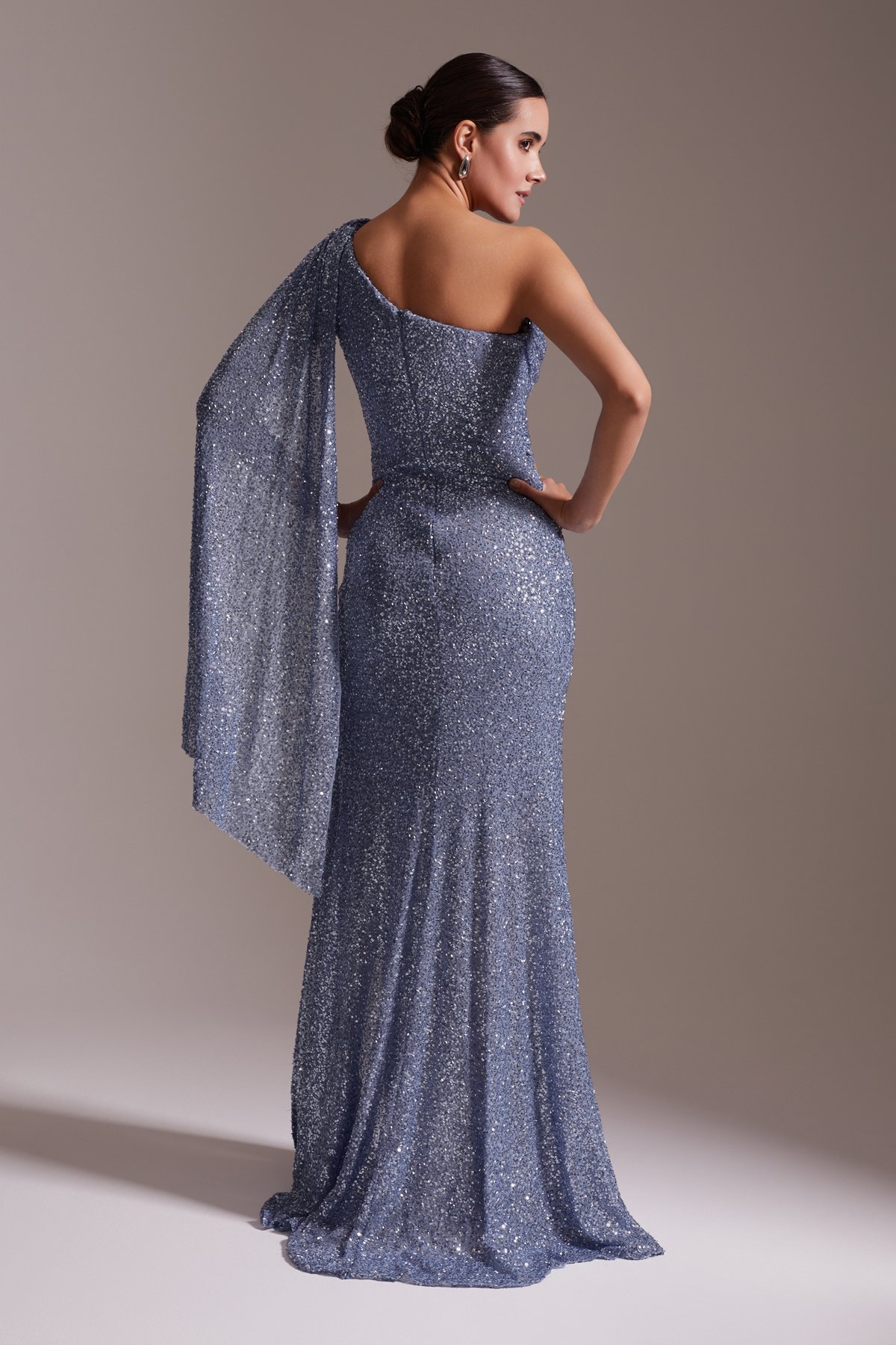 One Shoulder Draped Slit Glittery Evening Dress Lilac