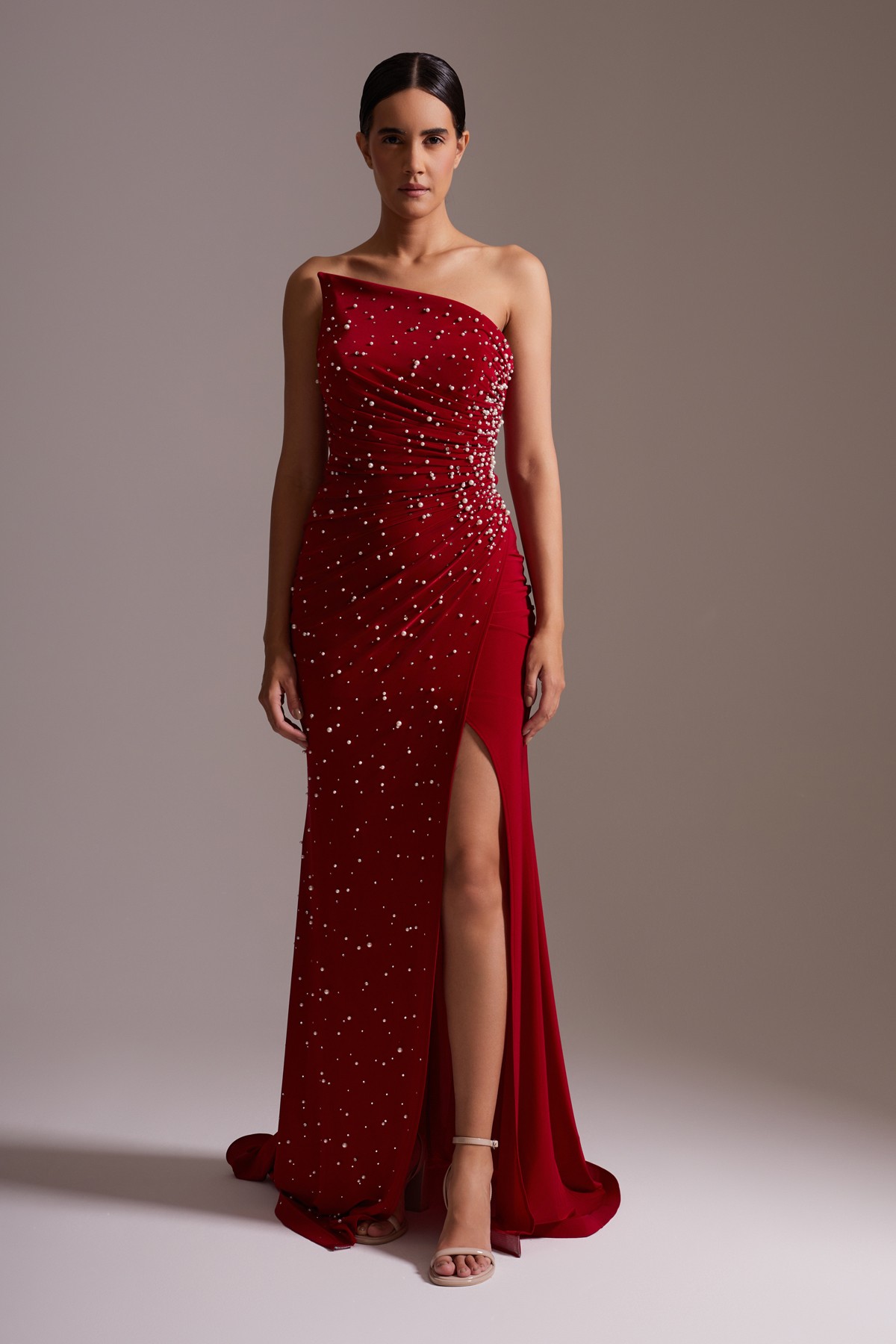 One Shoulder Slit Stone Embroidered Evening Dress Red