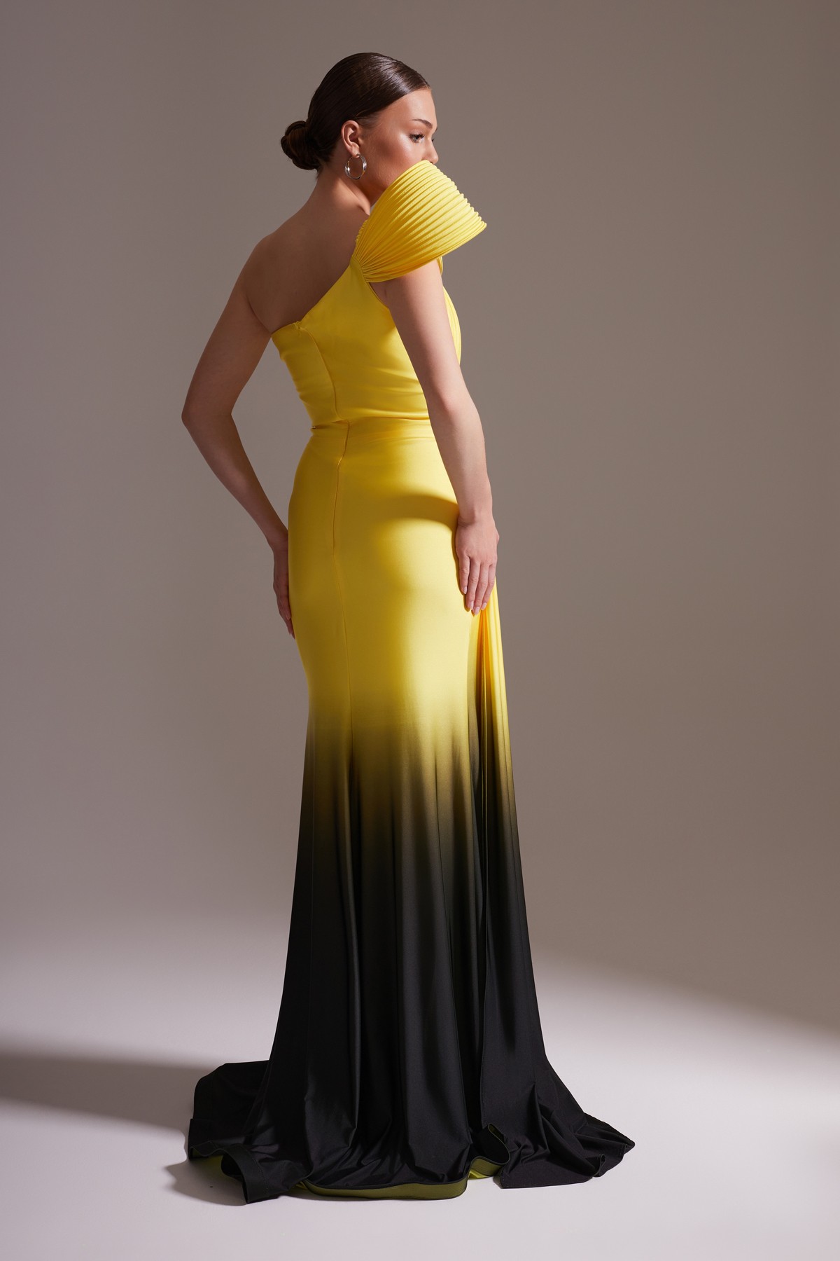 Shoulder Detailed Single Sleeve Draped Long Evening Dress Yellow Black