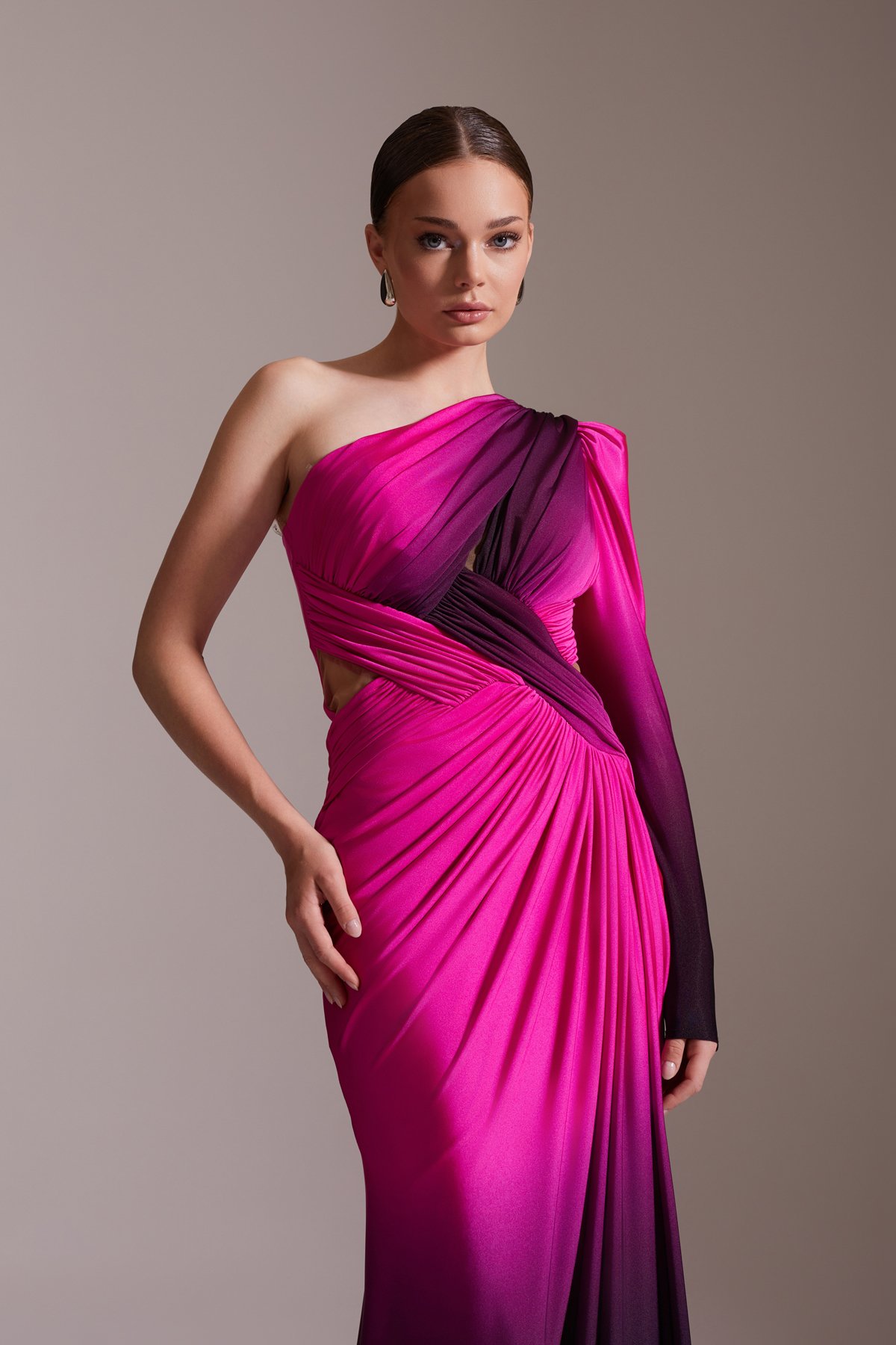 One Shoulder Draped Long Evening Dress Fuchsia Black Transitional