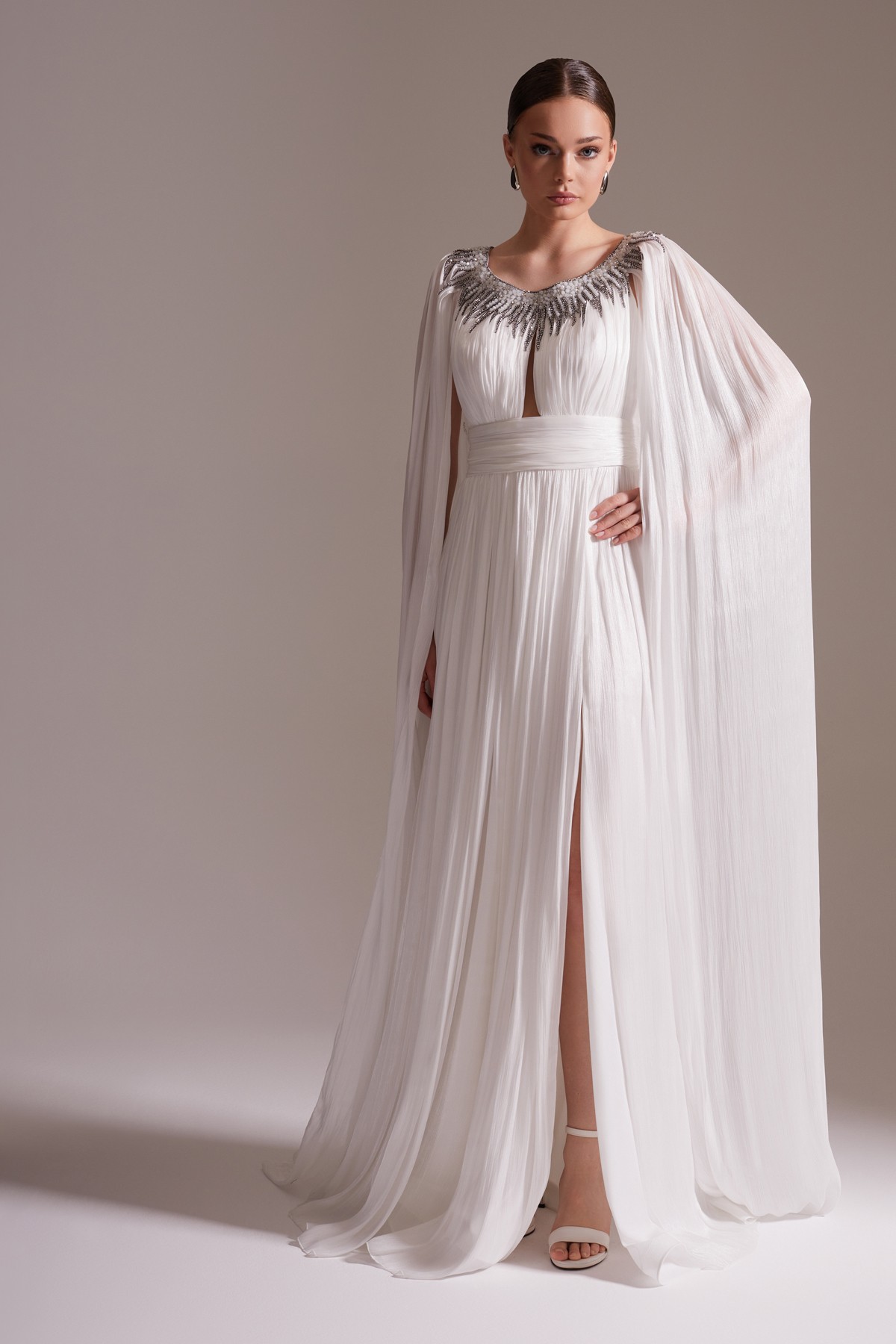 Stone Embroidered Draped Cape Sleeve Slit Chiffon Evening Dress White