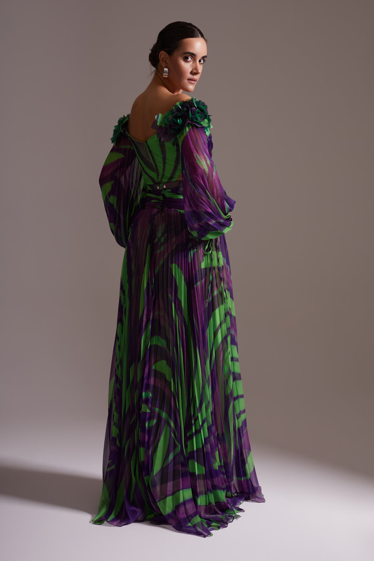 Patterned Shoulder Flower Detail and Pleated Balloon Sleeve Long Chiffon Evening Dress Purple Green