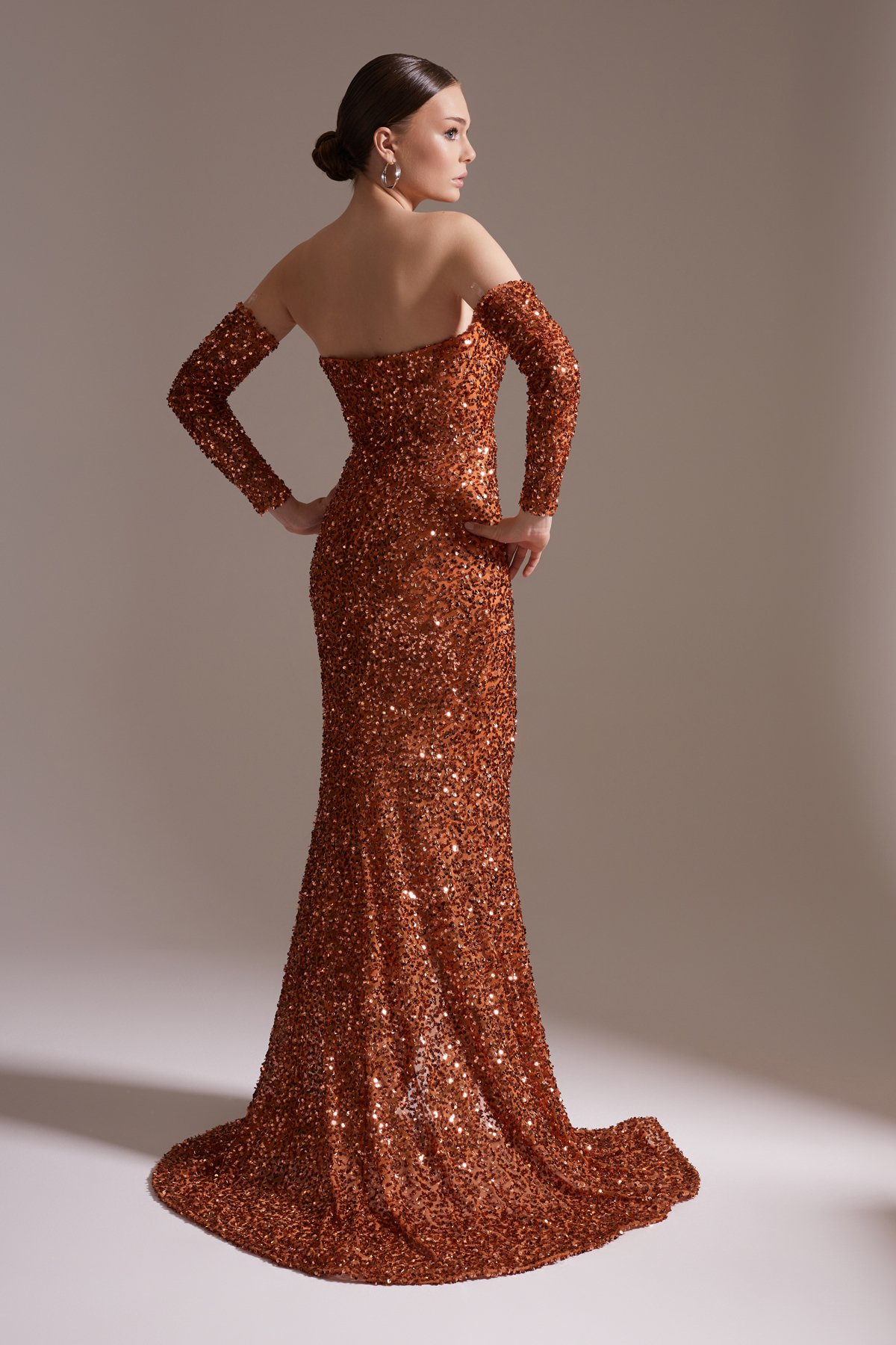 Off-the-Shoulder, Slit and Long Sleeve Evening Dress in Copper Color
