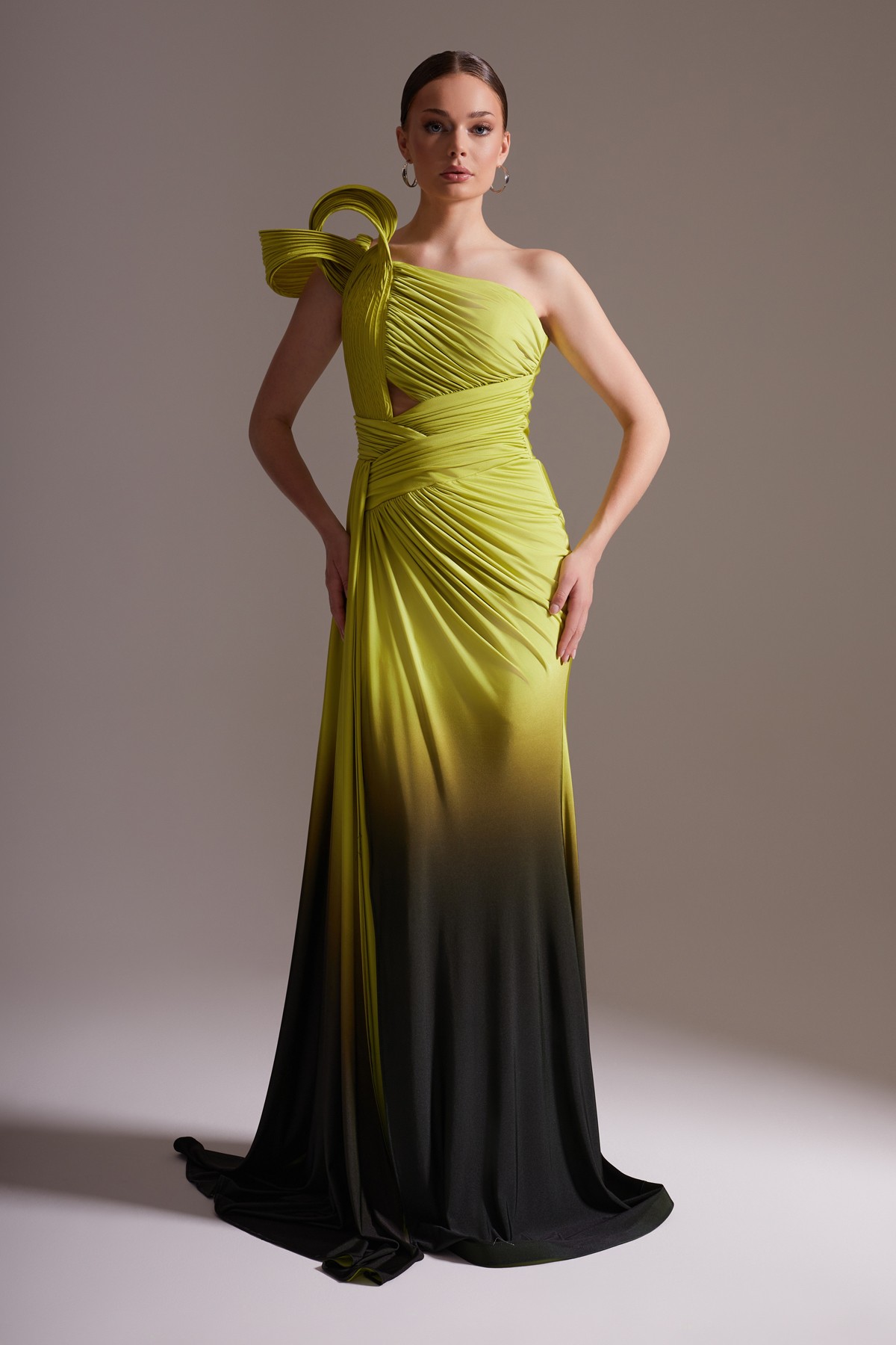 One Shoulder Draped Long Evening Dress Yellow Black Transitional