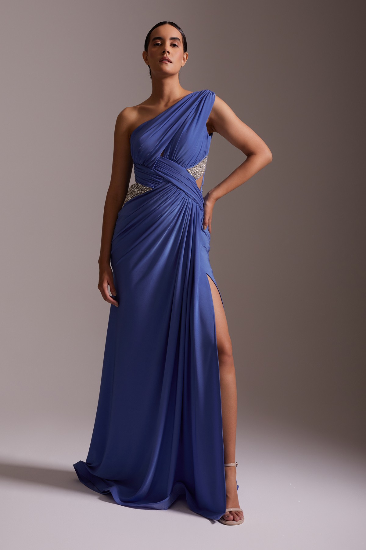 One Shoulder Draped Slit Stone Detailed Chiffon Evening Dress Blue
