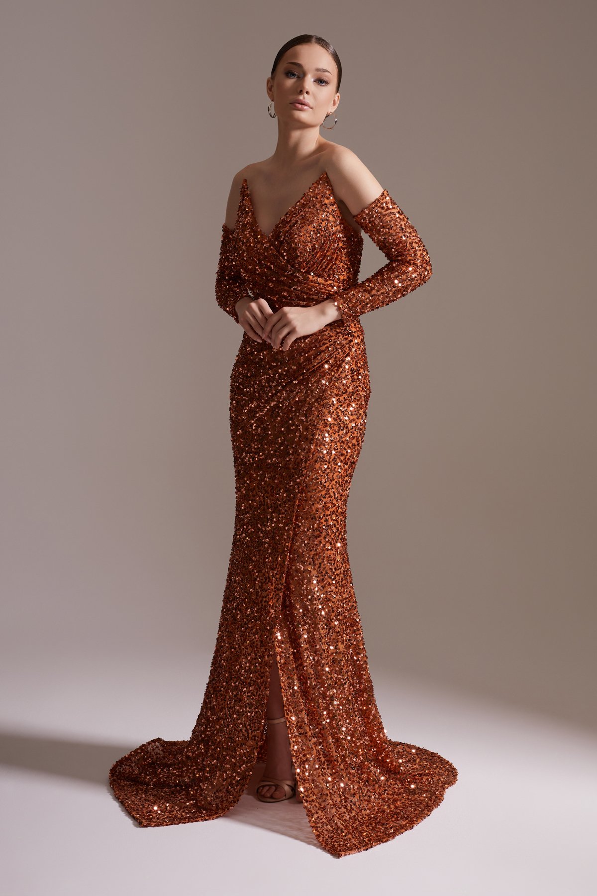 Off-the-Shoulder, Slit and Long Sleeve Evening Dress in Copper Color