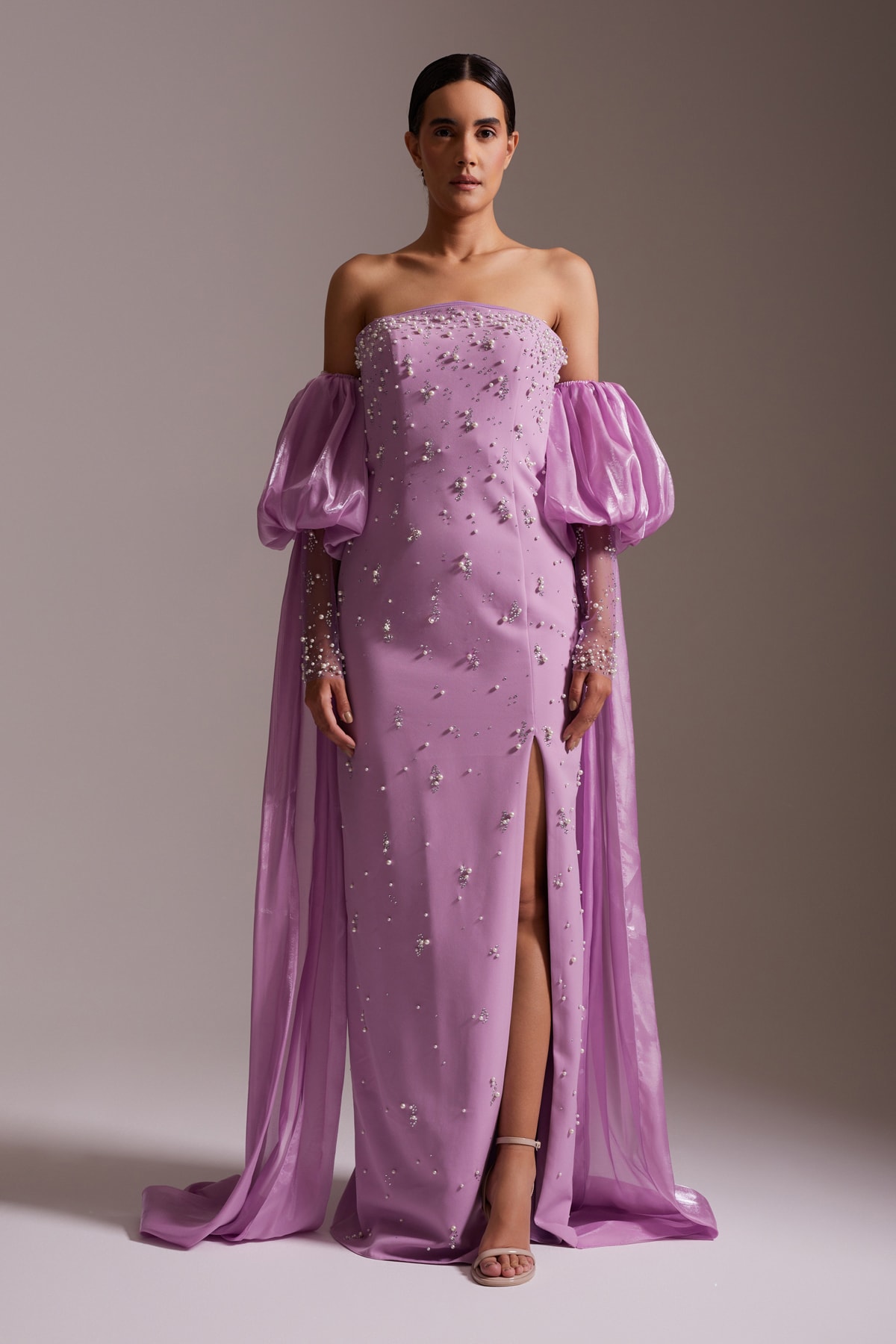 Stone Embroidered Strapless Slit Evening Dress Lilac