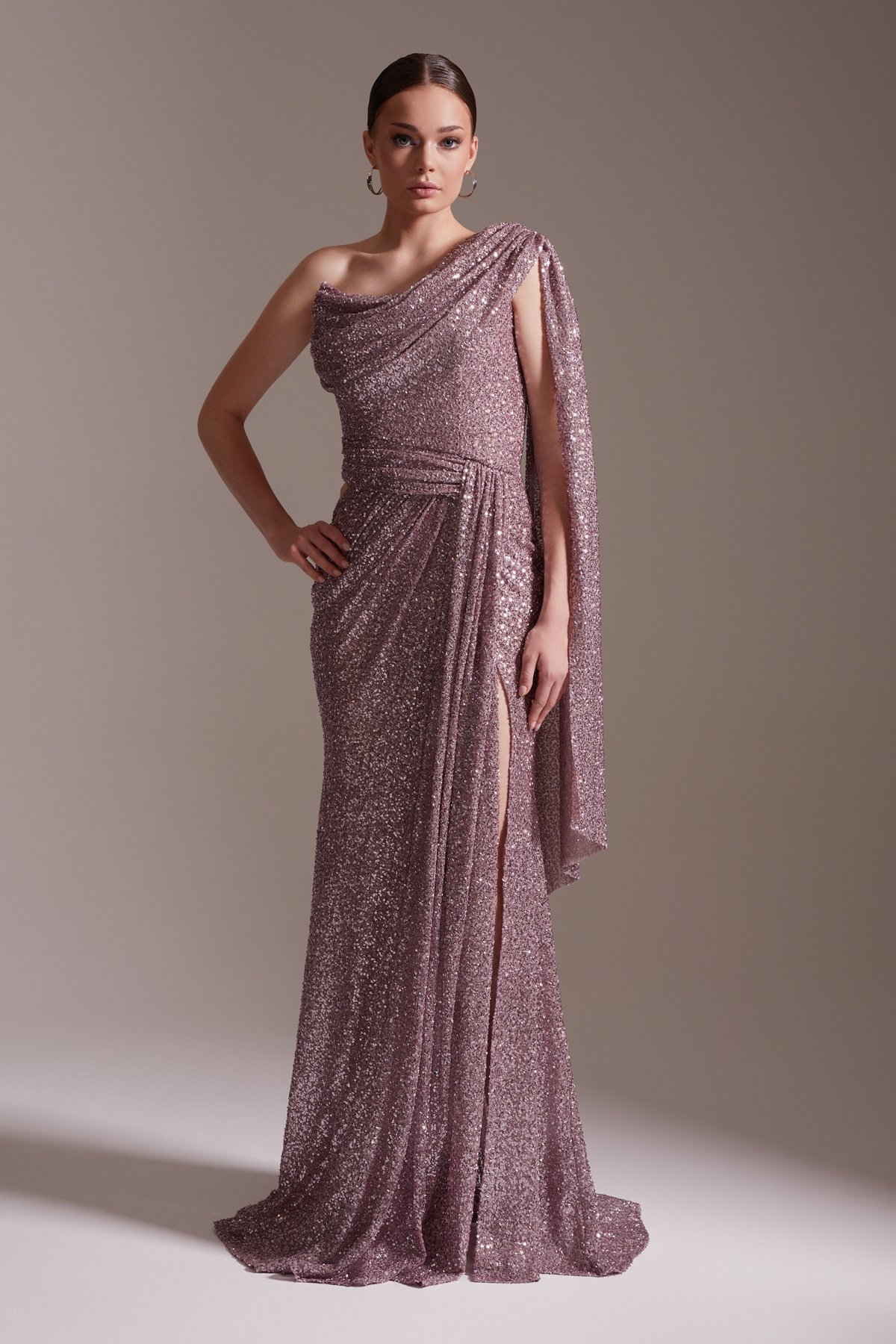 One Shoulder Slit Sequined Evening Dress Powder Pink