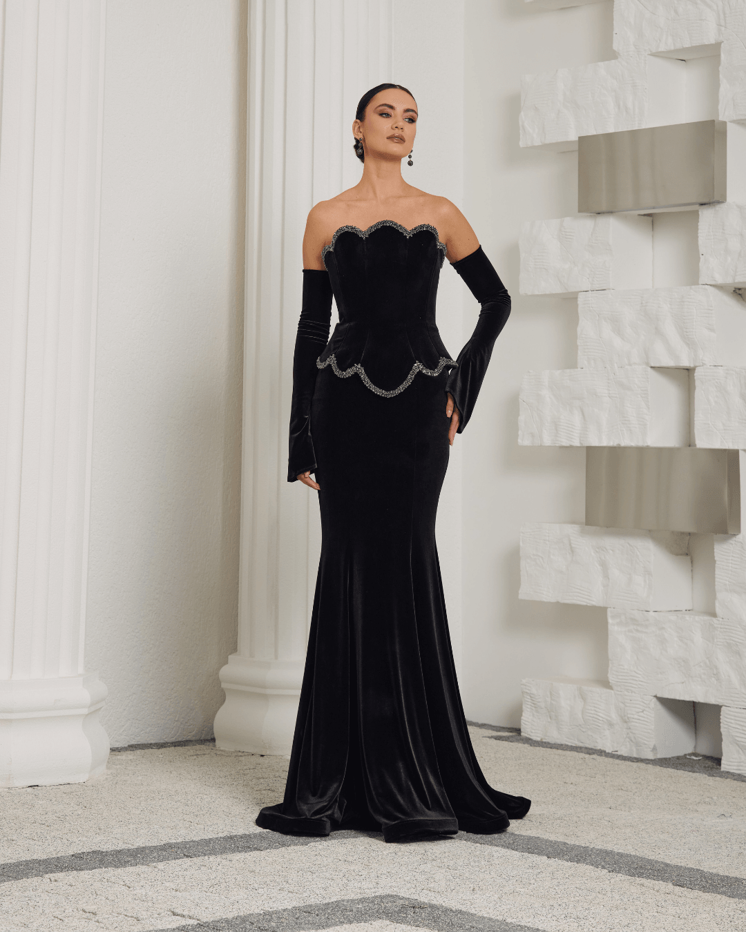 Black Velvet Strapless Evening Dress