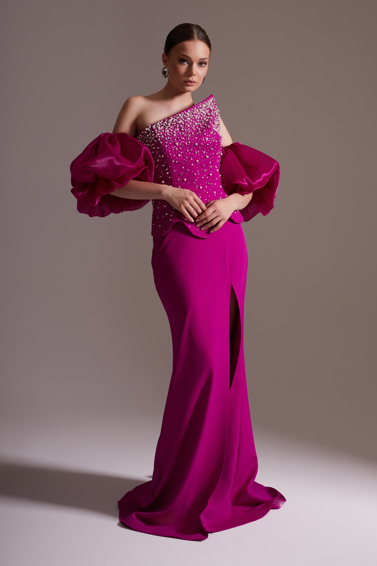 One Shoulder Pearl Balloon Sleeve Slit Long Evening Dress Fuchsia