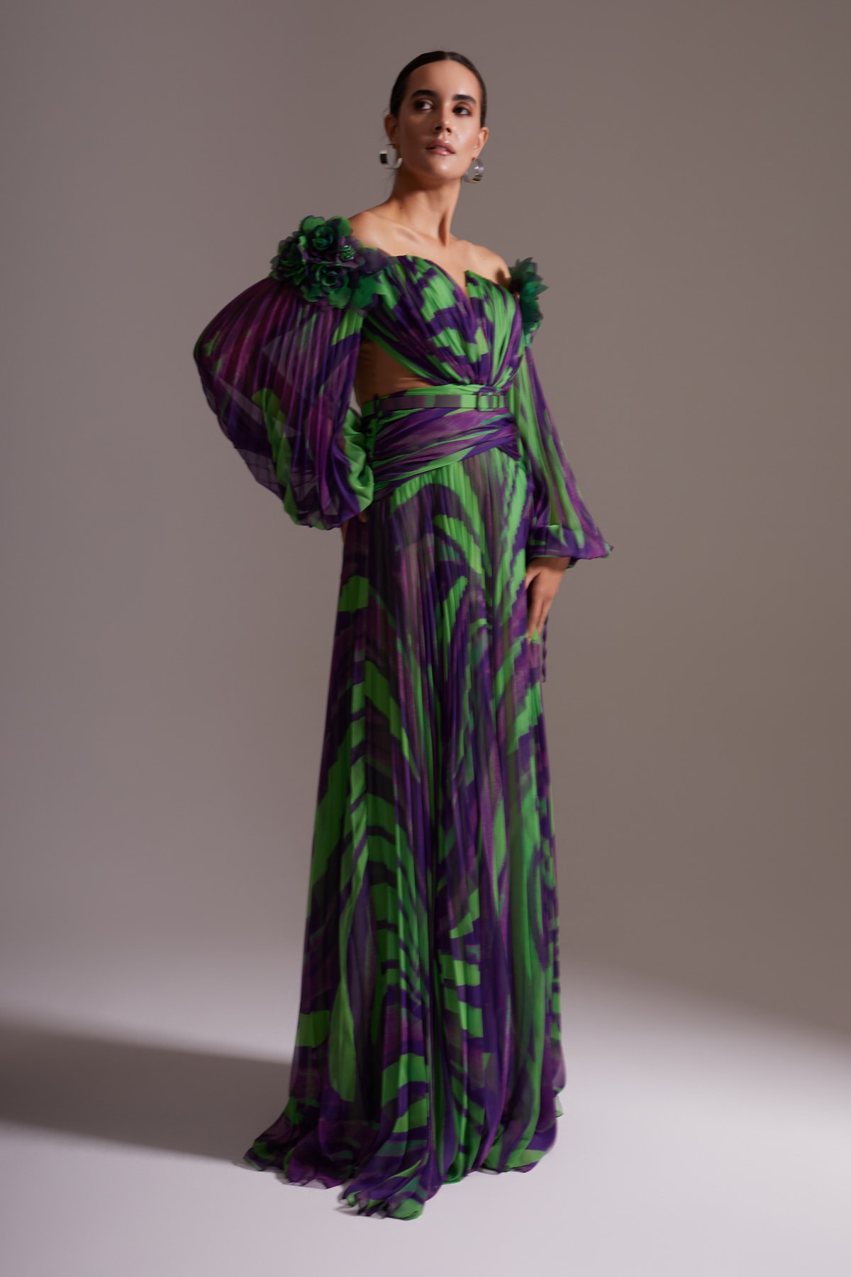 Patterned Shoulder Flower Detail and Pleated Balloon Sleeve Long Chiffon Evening Dress Purple Green