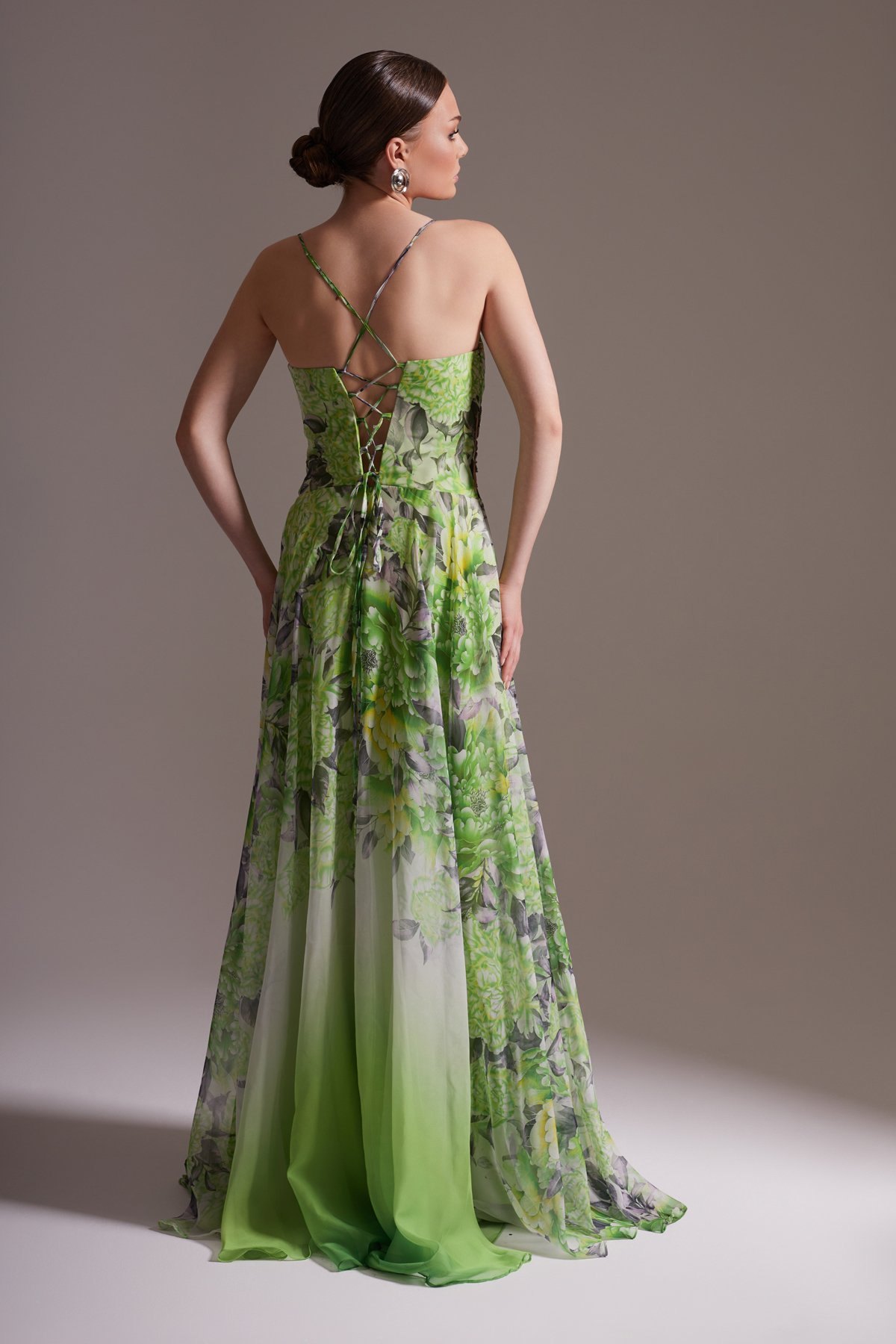 Floral Patterned Slit V-Neck Thin Strap Stone Detailed Chiffon Evening Dress Green