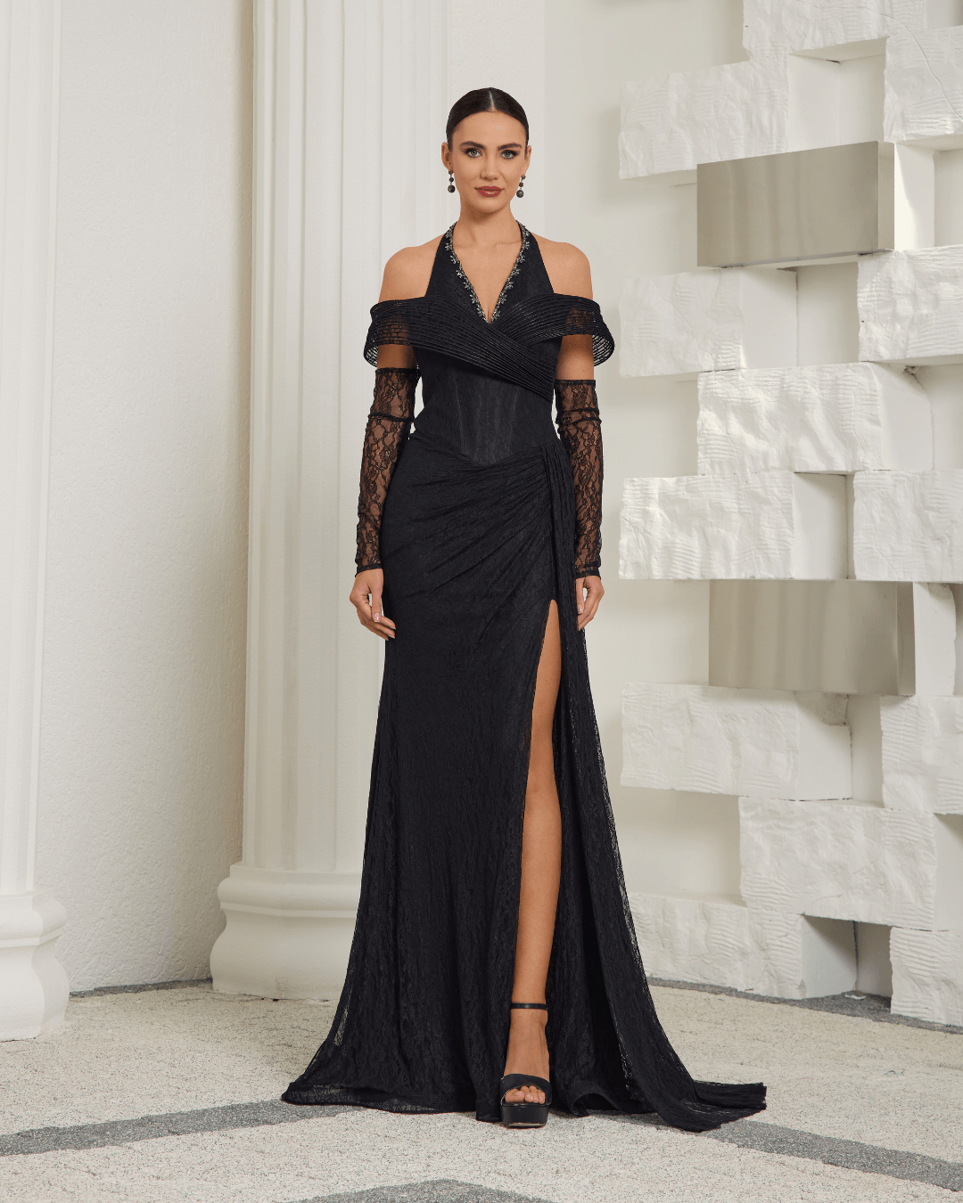 Black Lace Halter Neck Evening Dress