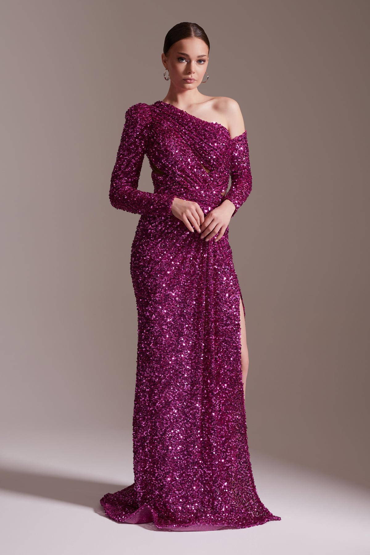 Sequined One Shoulder Long Evening Dress with Slit Detail Fuchsia Evening Dress