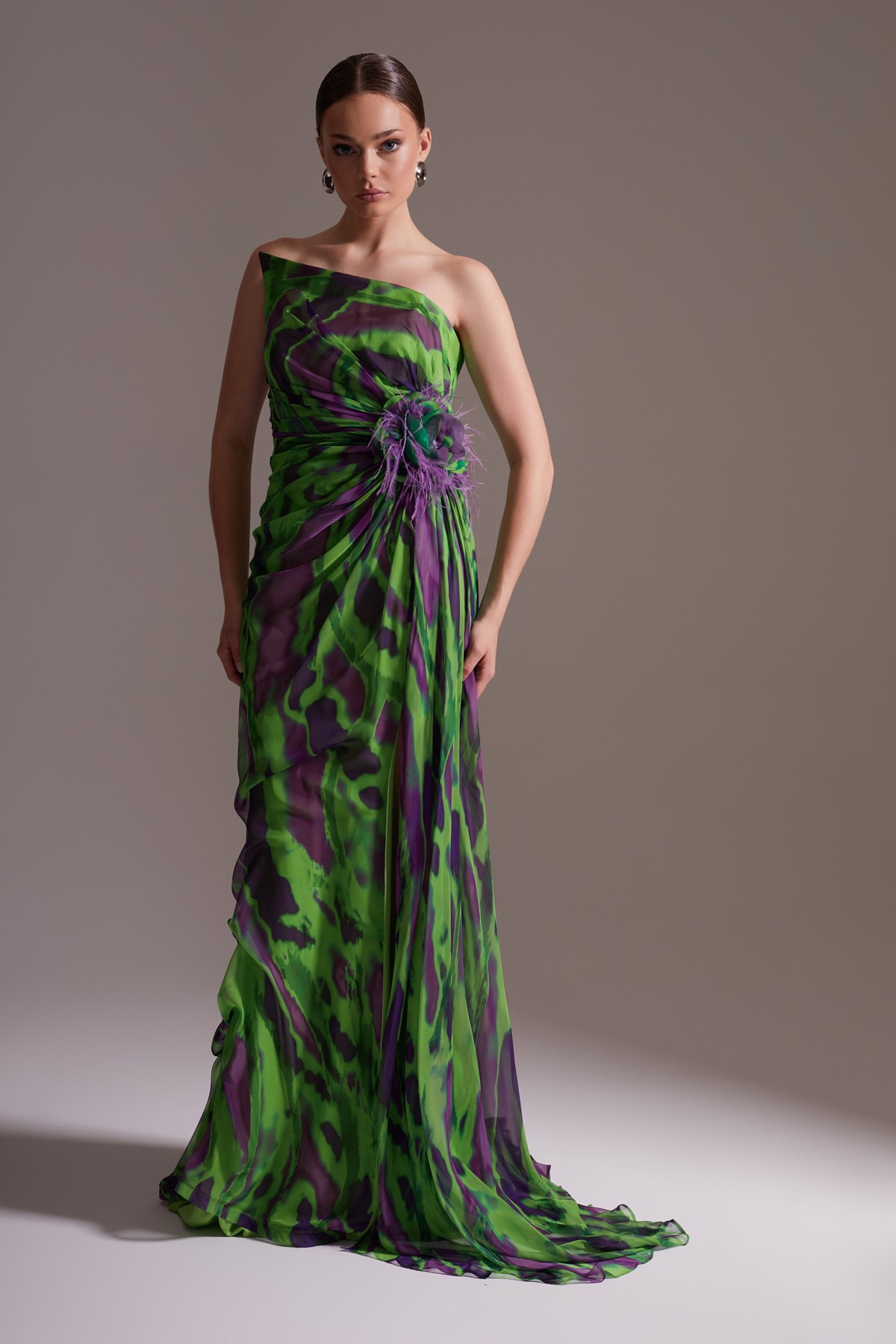 Patterned One Shoulder Flower Detailed Chiffon Evening Dress Green Purple