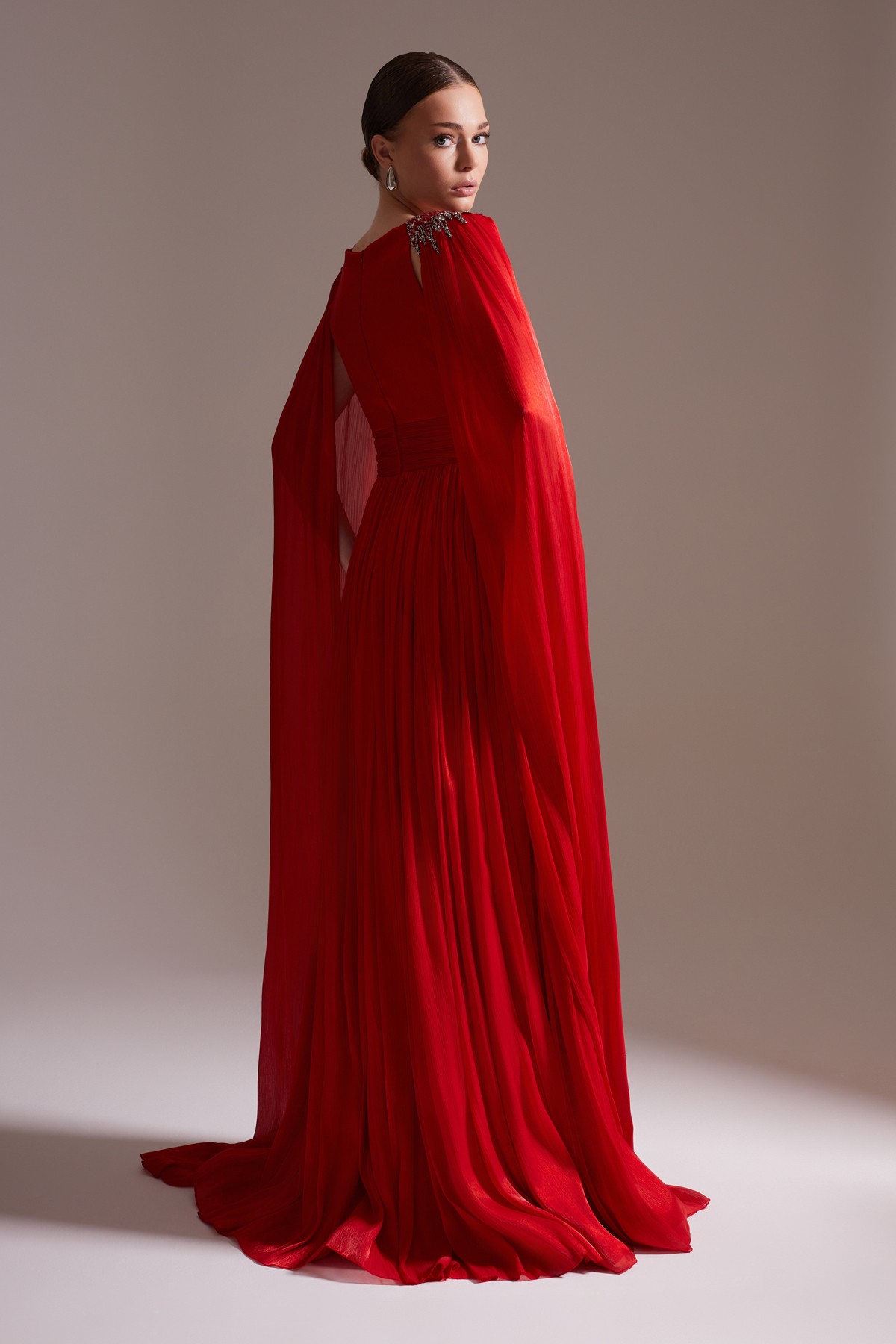 Stone Embroidered Cape Sleeve Slit Chiffon Evening Dress Red
