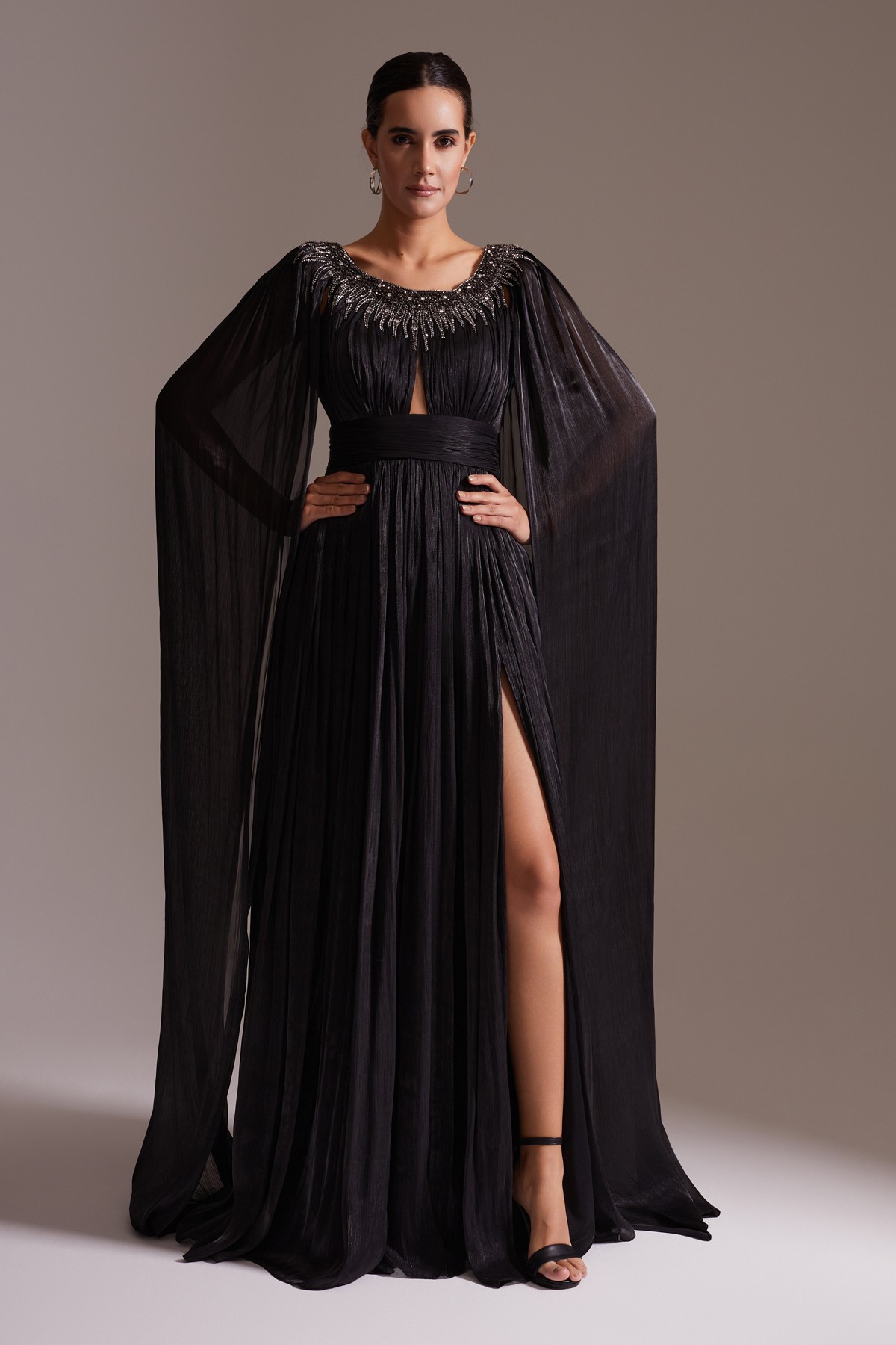 Stone Embroidered Cape Sleeve Slit Long Evening Dress Black