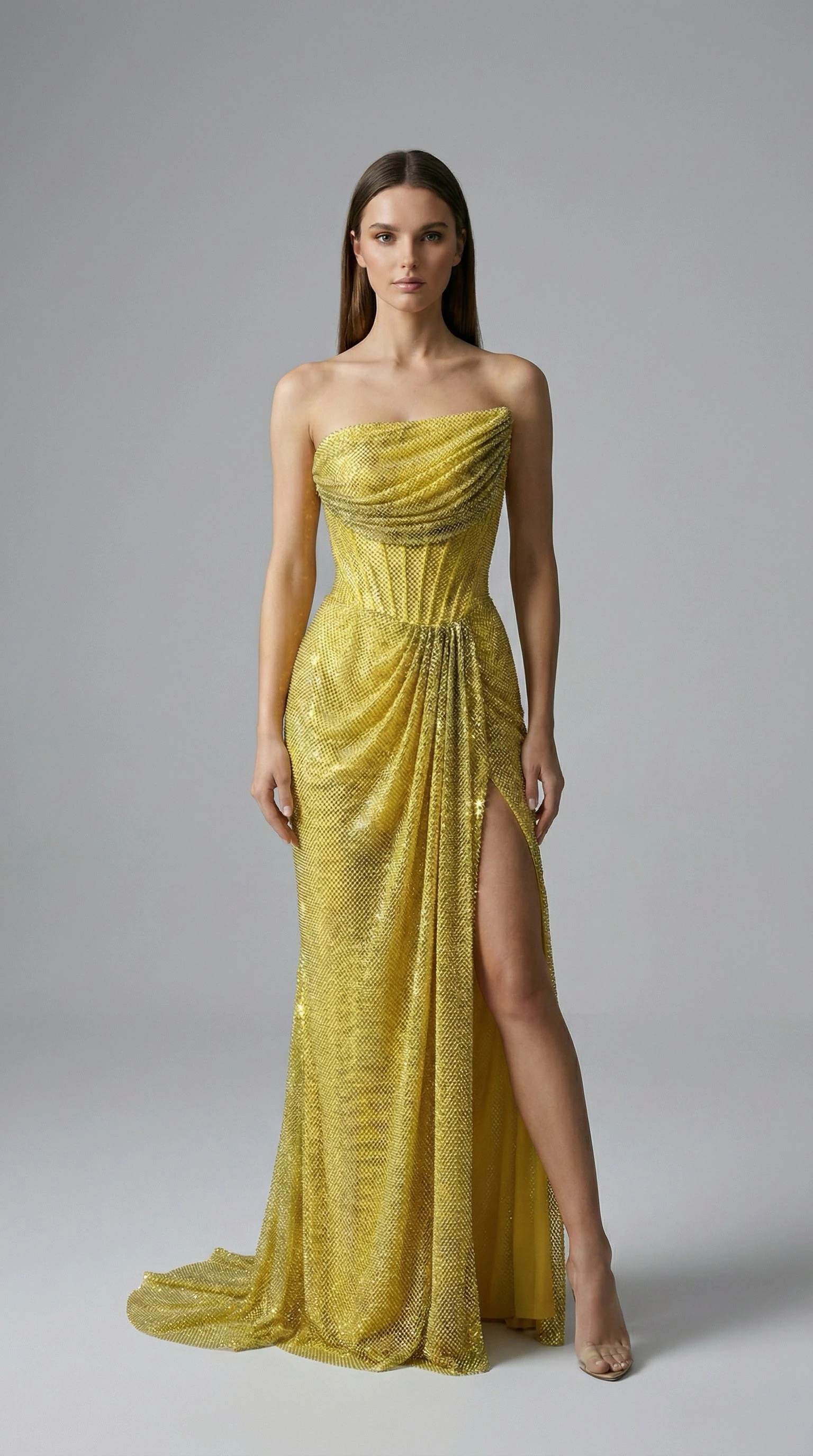 Strapless Draped Slit Long Evening Dress with Stone Embellished Mesh Yellow