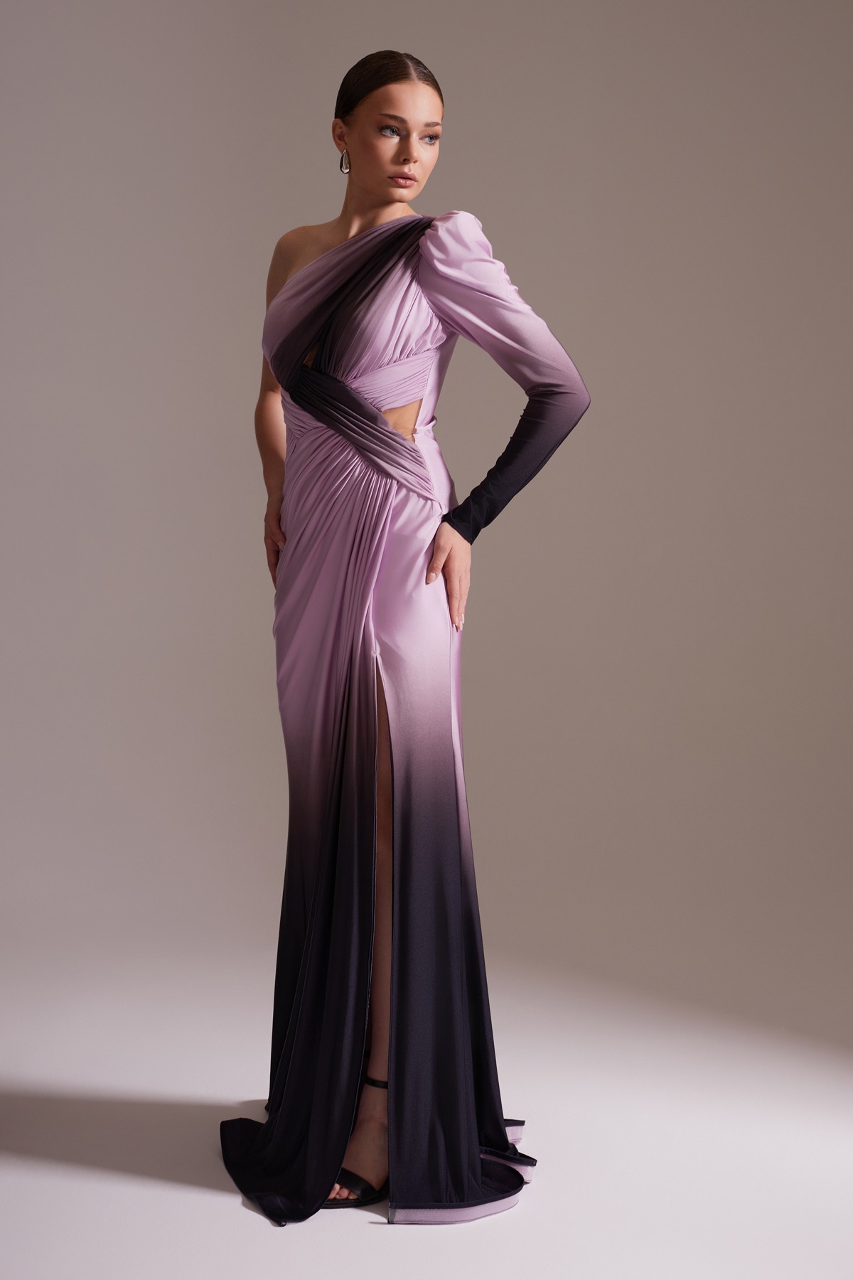 One Shoulder Long Slit Ombre Draped Evening Dress Lilac - Black
