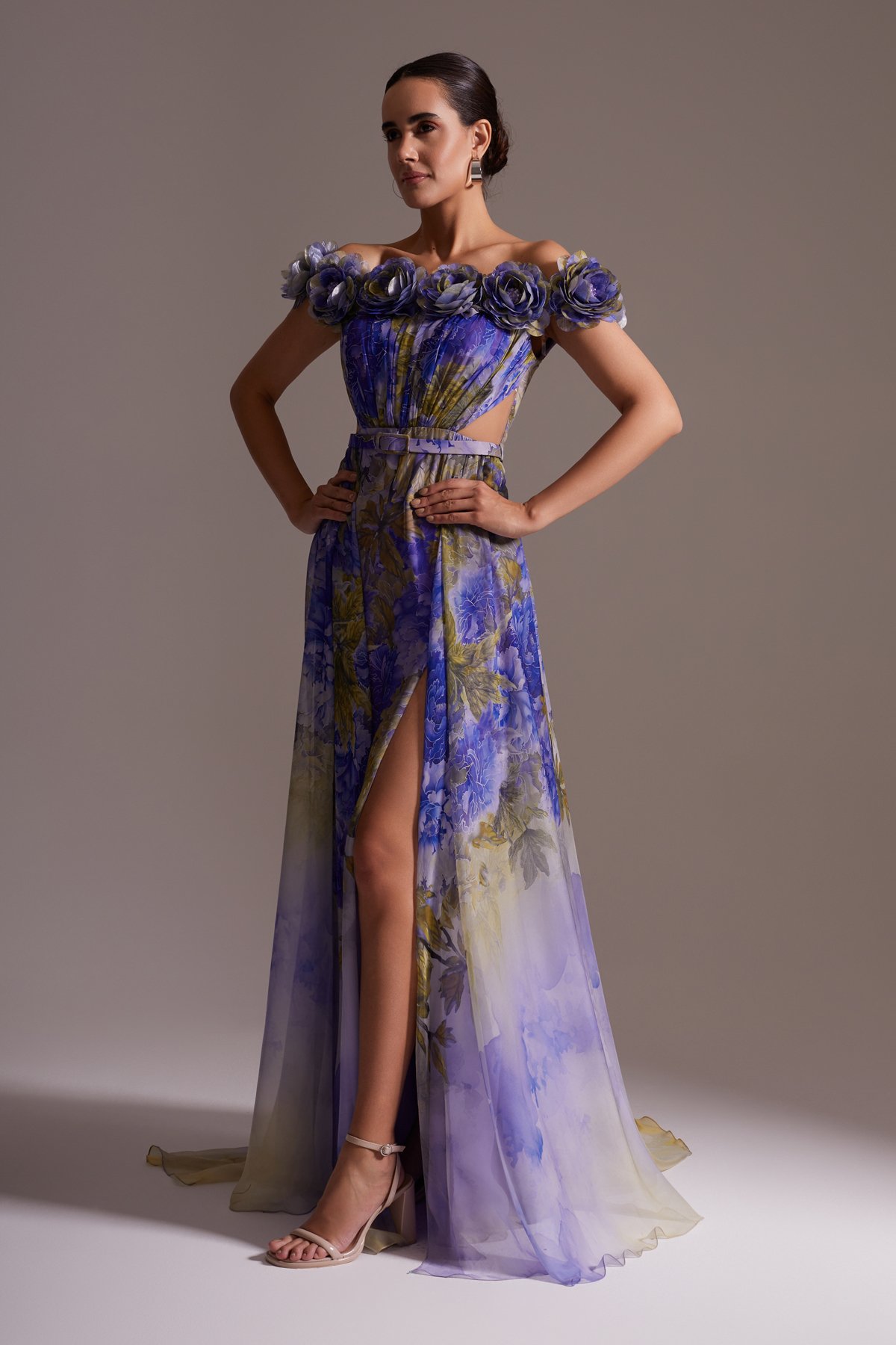 Floral Patterned Shoulder Slit Chiffon Evening Dress Purple Blue