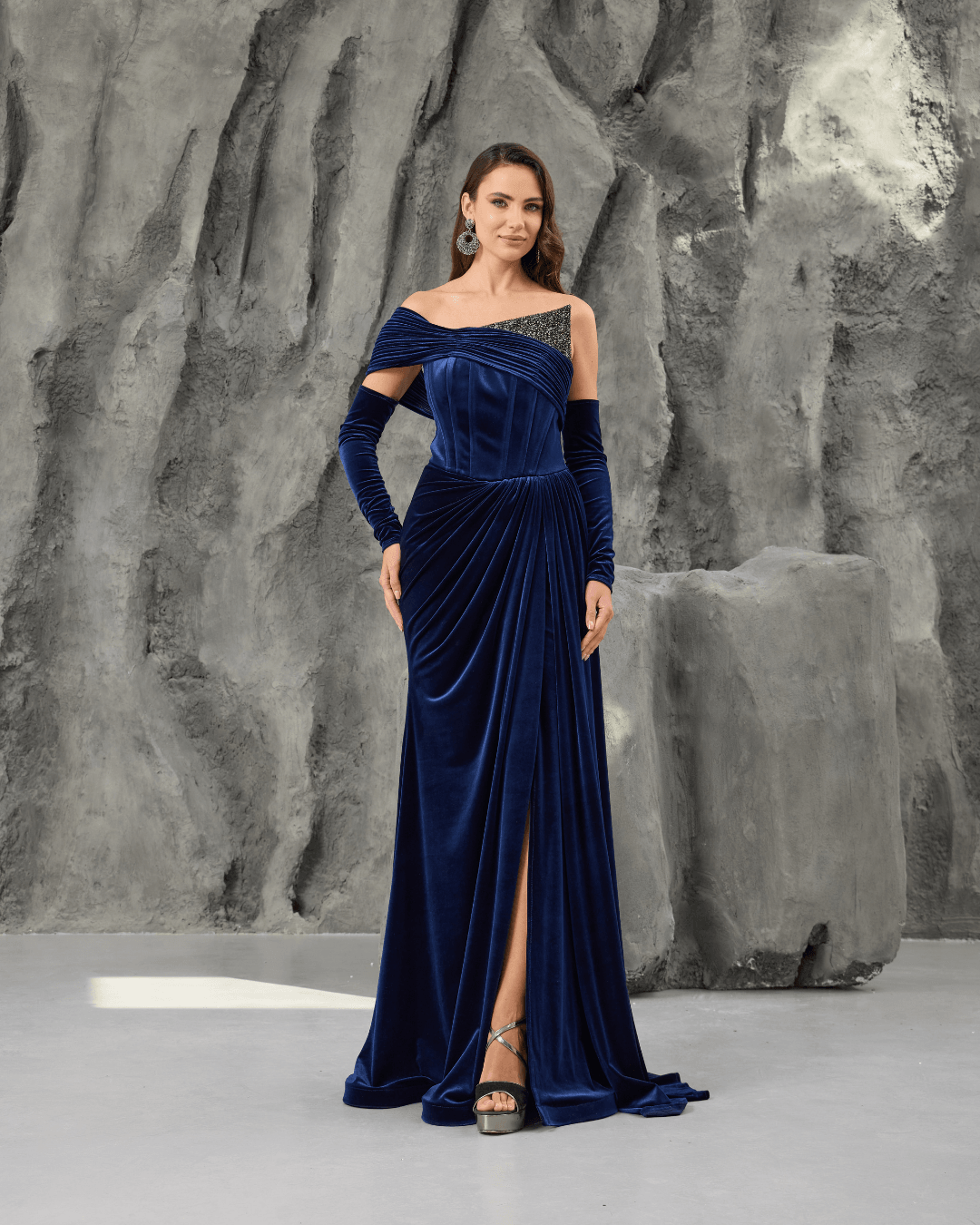 Navy Velvet One Shoulder Gown