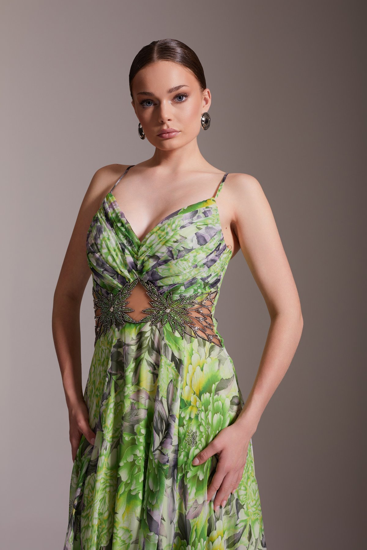 Floral Patterned Slit V-Neck Thin Strap Stone Detailed Chiffon Evening Dress Green