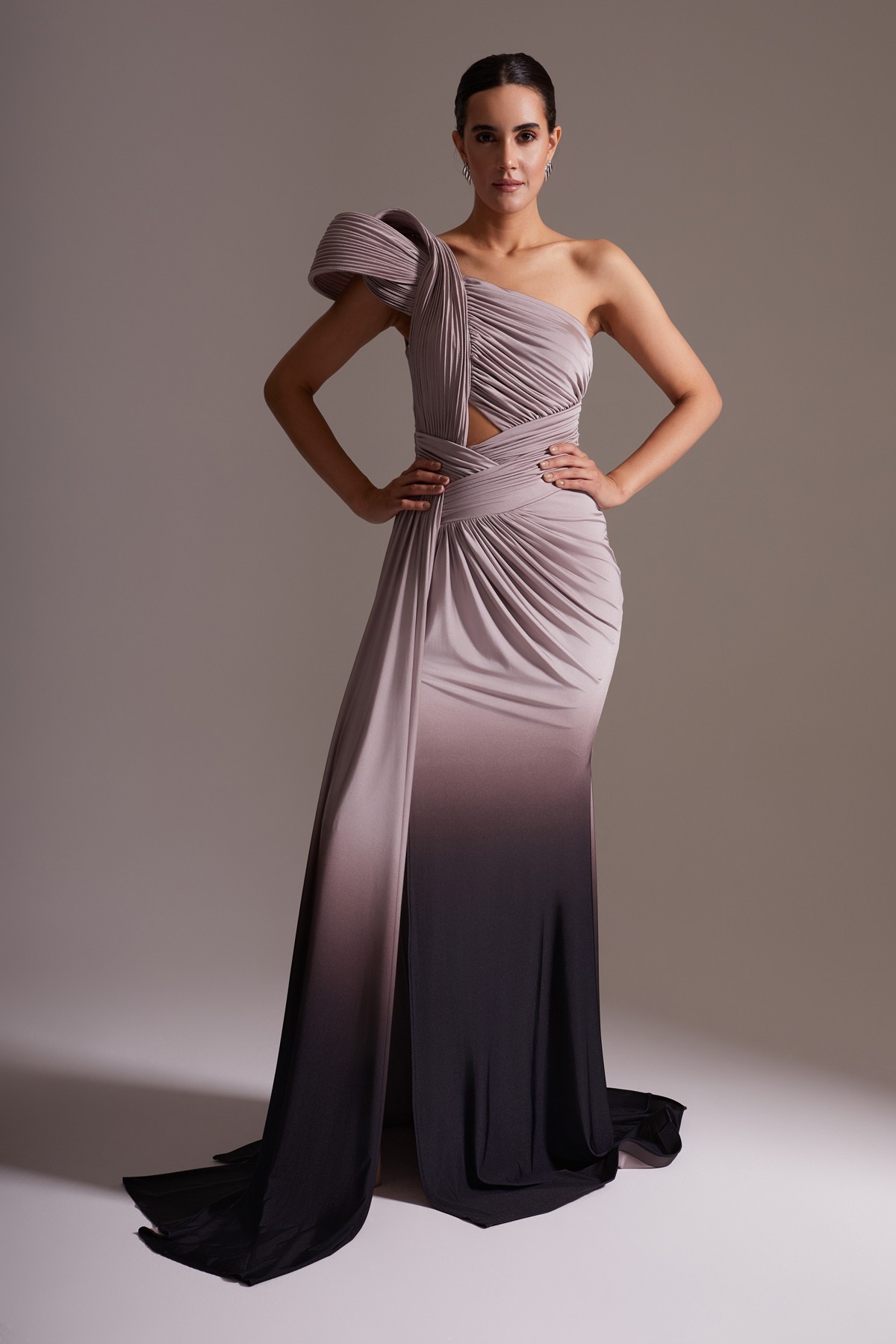 One Shoulder Draped Gradient Evening Dress with Shoulder Details Purple-Black