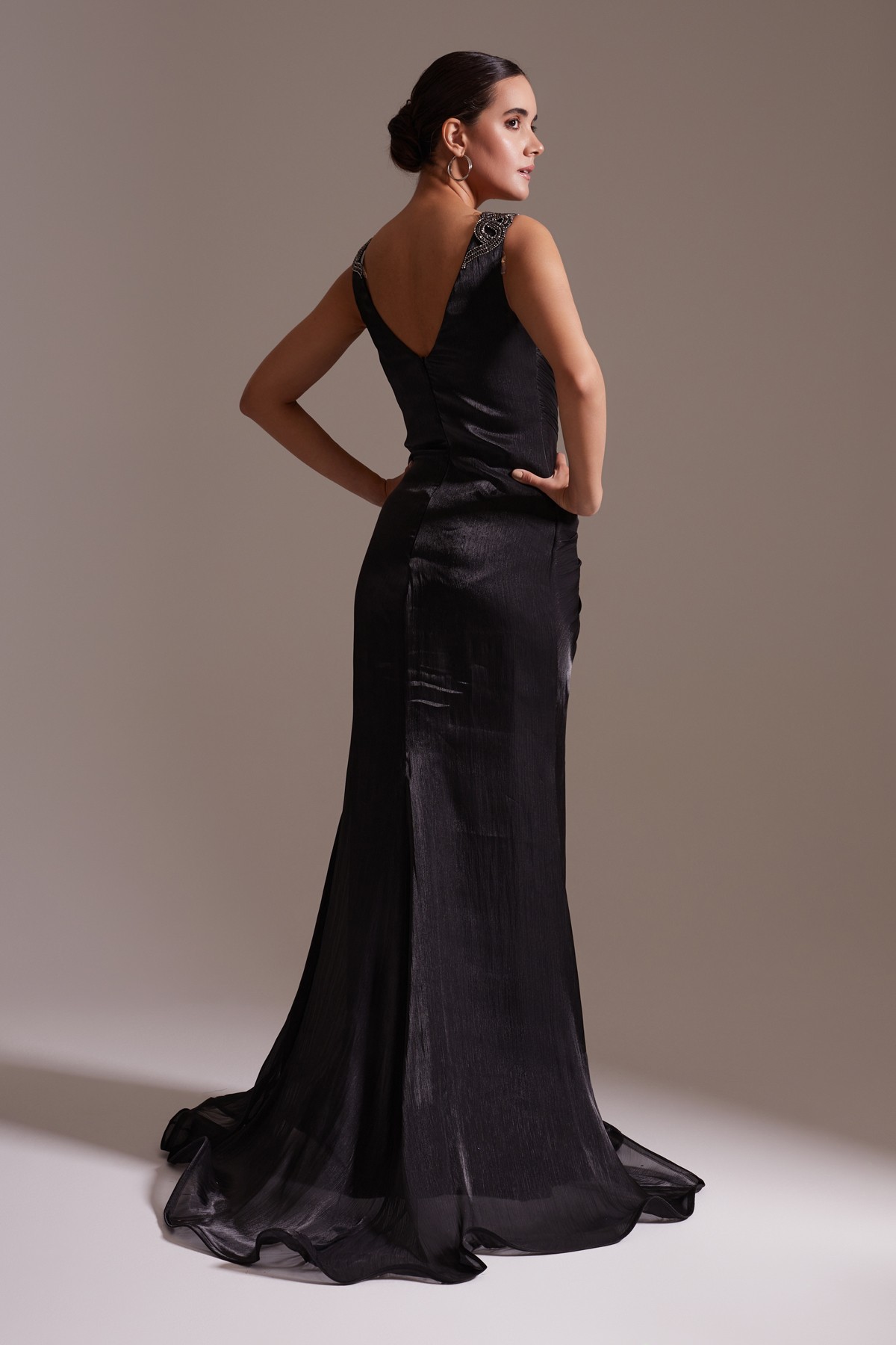 Slit Stone Embroidered Strap Draped Satin Evening Dress Black