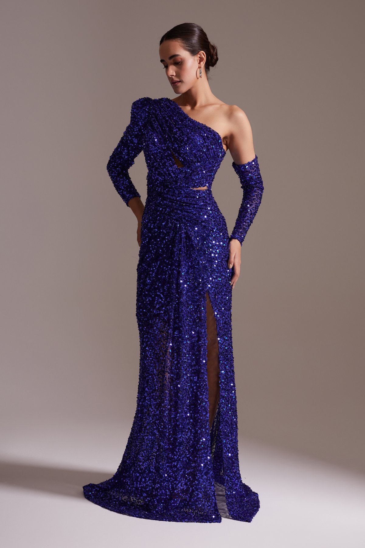 Sequined One Shoulder Slit Long Evening Dress Navy Blue