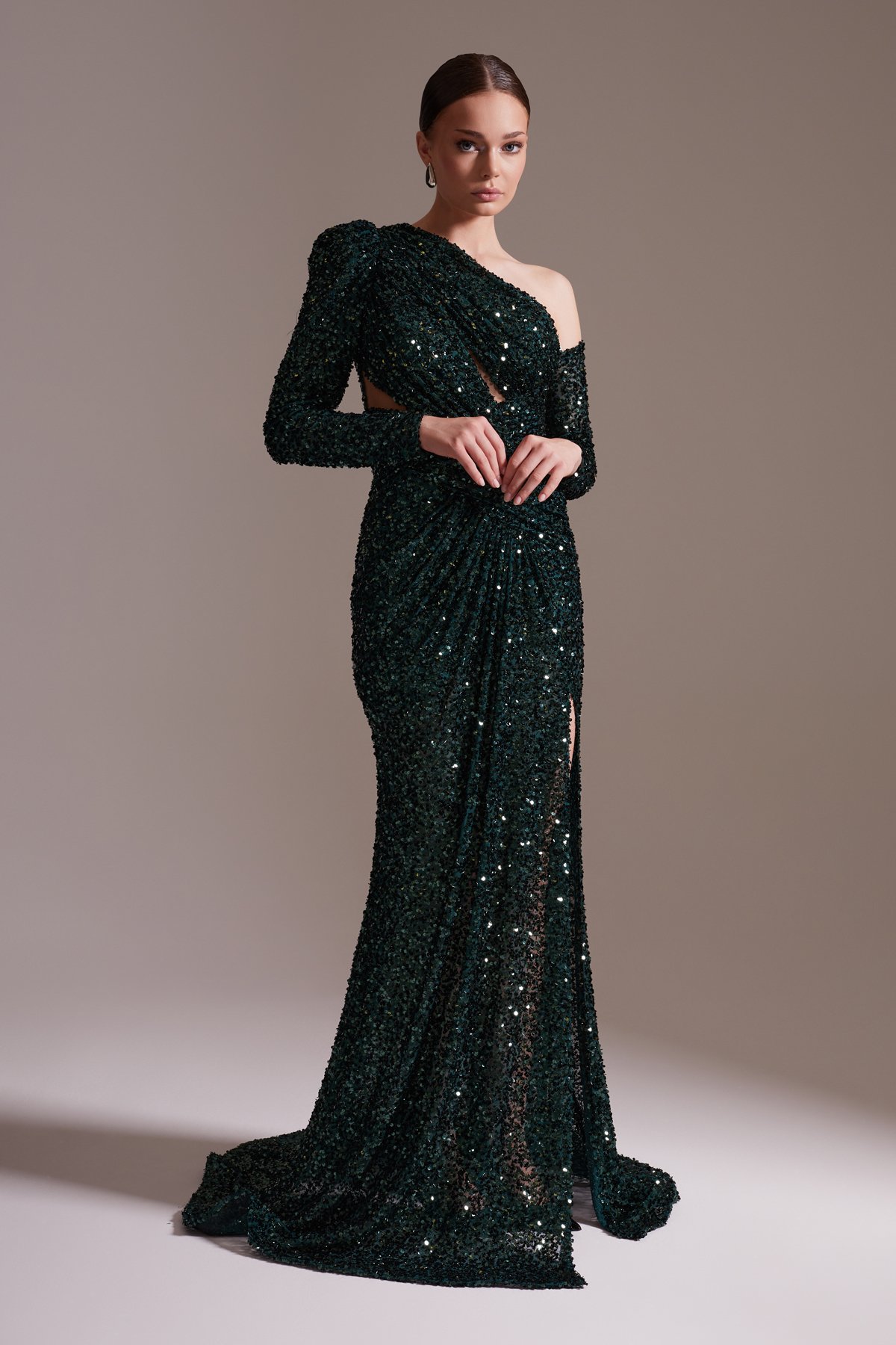 One Shoulder Sequined Slit Evening Dress Green