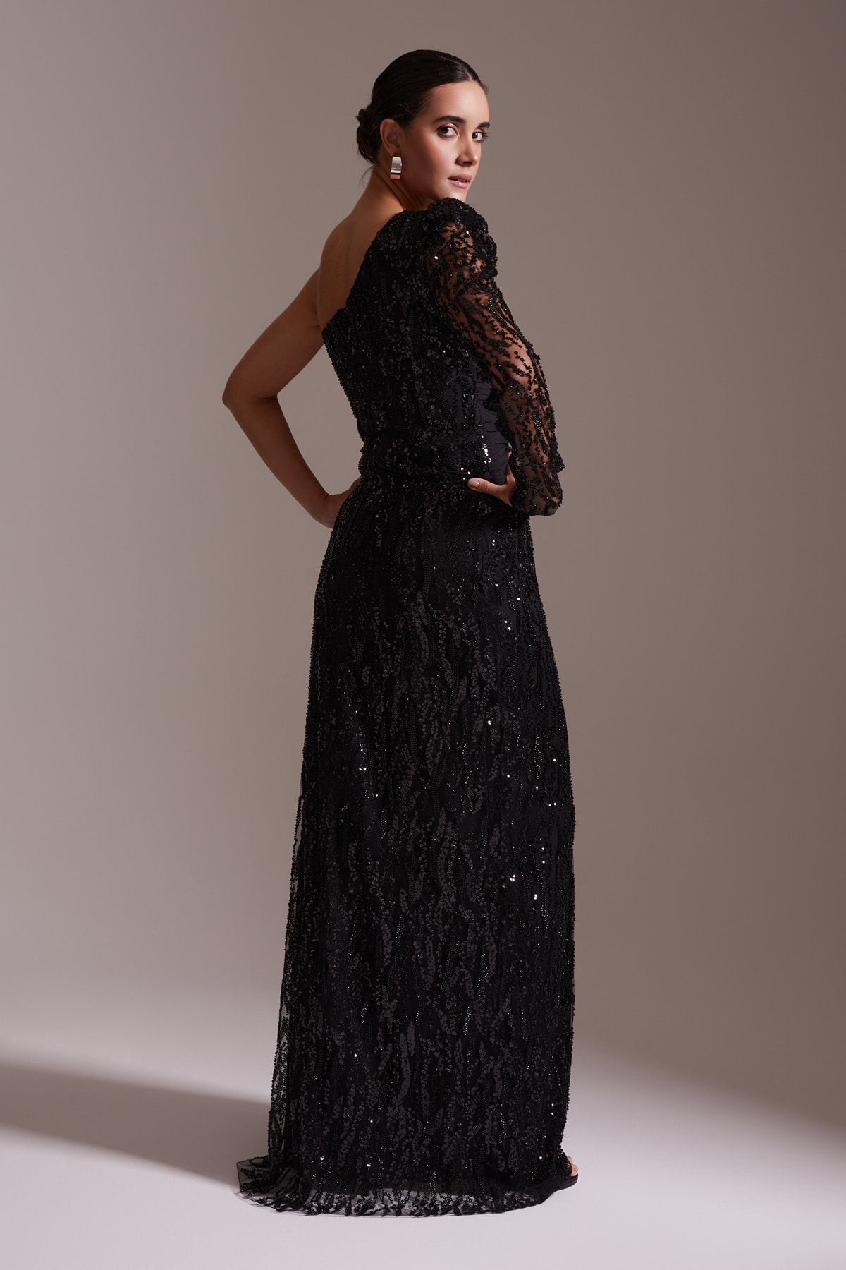 One Shoulder Sequined Tulle Detailed Floral Accessory Slit Evening Dress Black