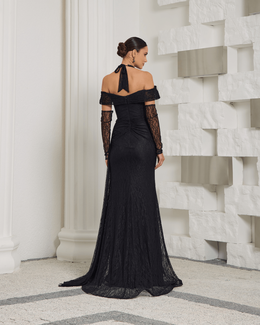 Black Lace Halter Neck Evening Dress