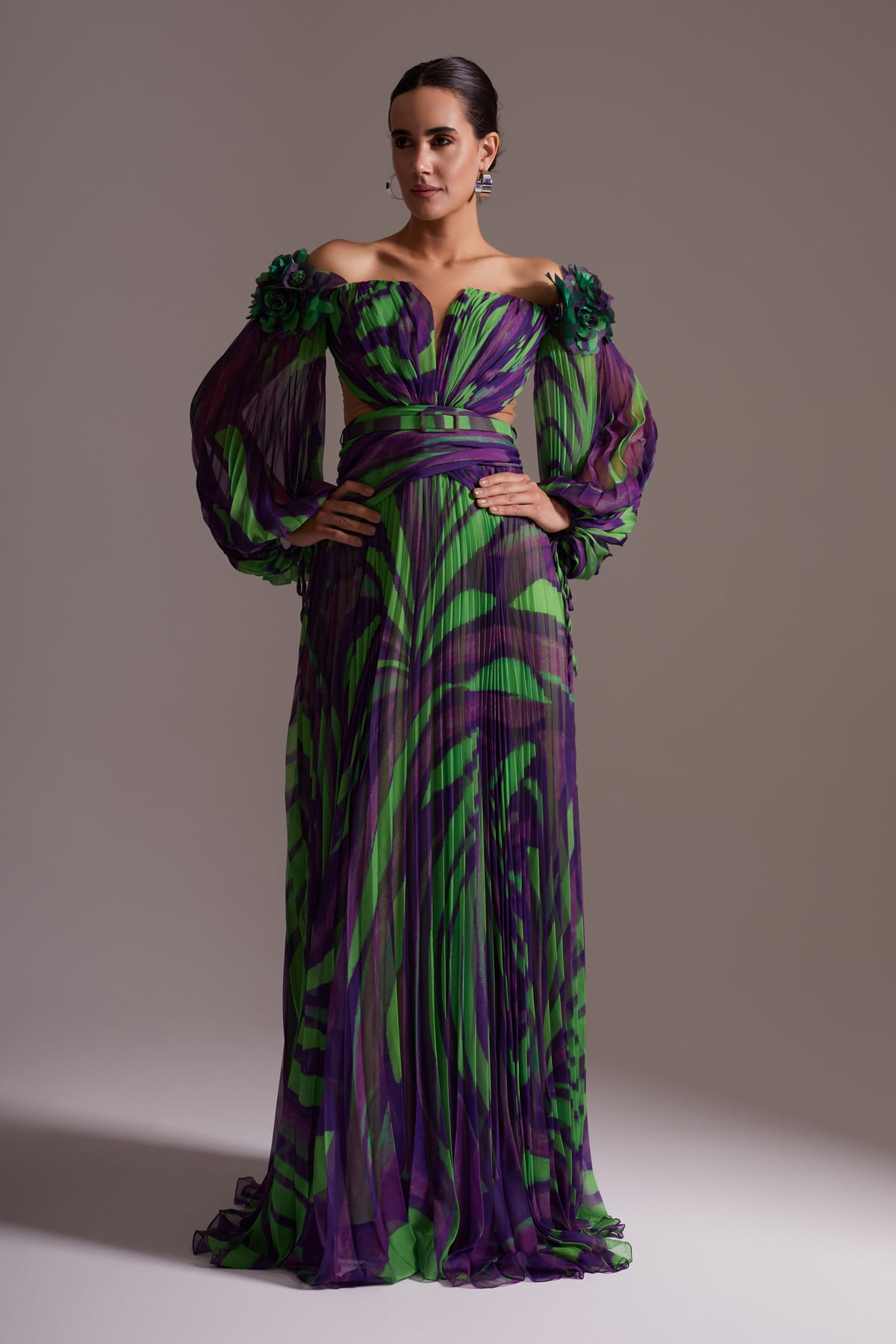Patterned Shoulder Flower Detail and Pleated Balloon Sleeve Long Chiffon Evening Dress Purple Green