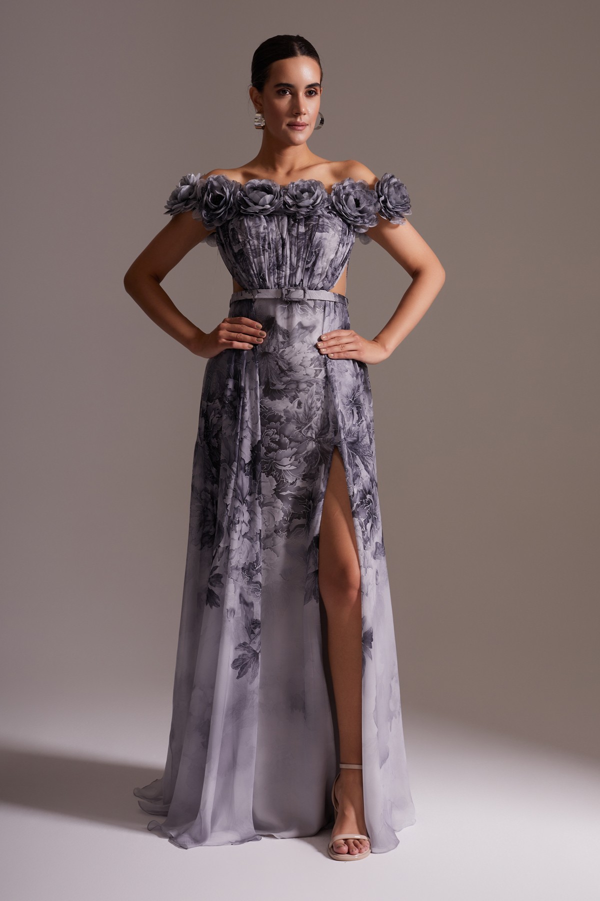 Off-the-Shoulder Flower Detailed Slit Chiffon Evening Dress Gray