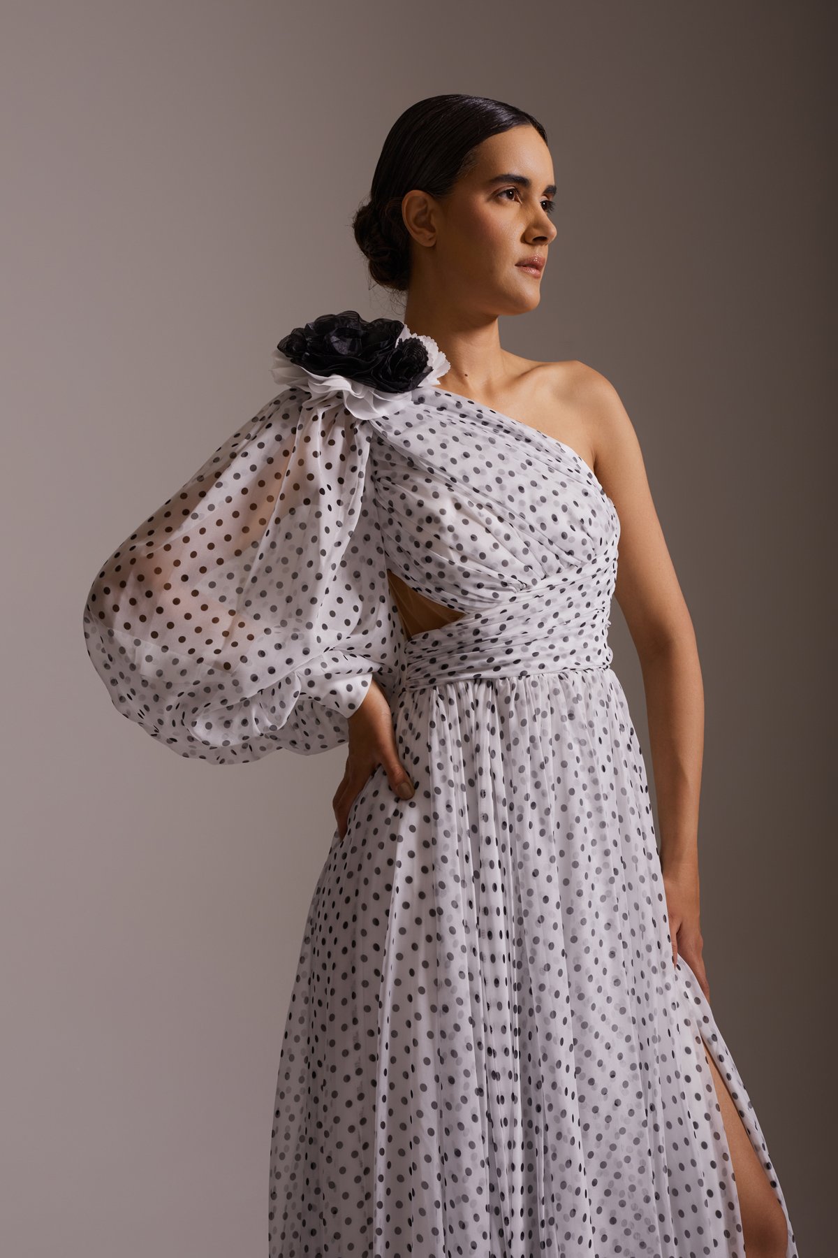 One Shoulder Black and White Polka Dot Slit Chiffon Evening Dress