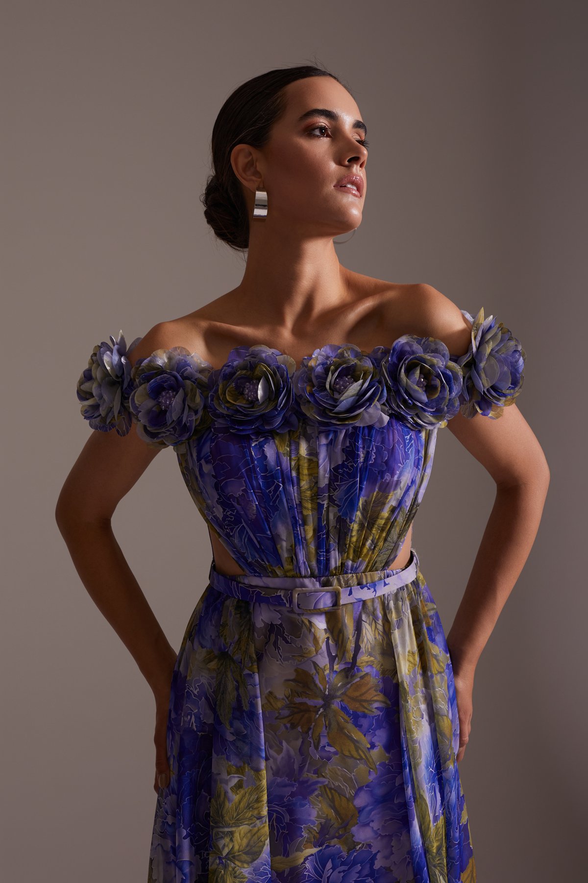 Floral Patterned Shoulder Slit Chiffon Evening Dress Purple Blue