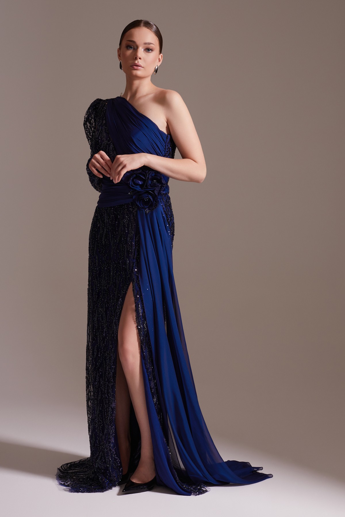 One Shoulder Floral Detailed Slit Chiffon and Sequin Evening Dress Navy Blue