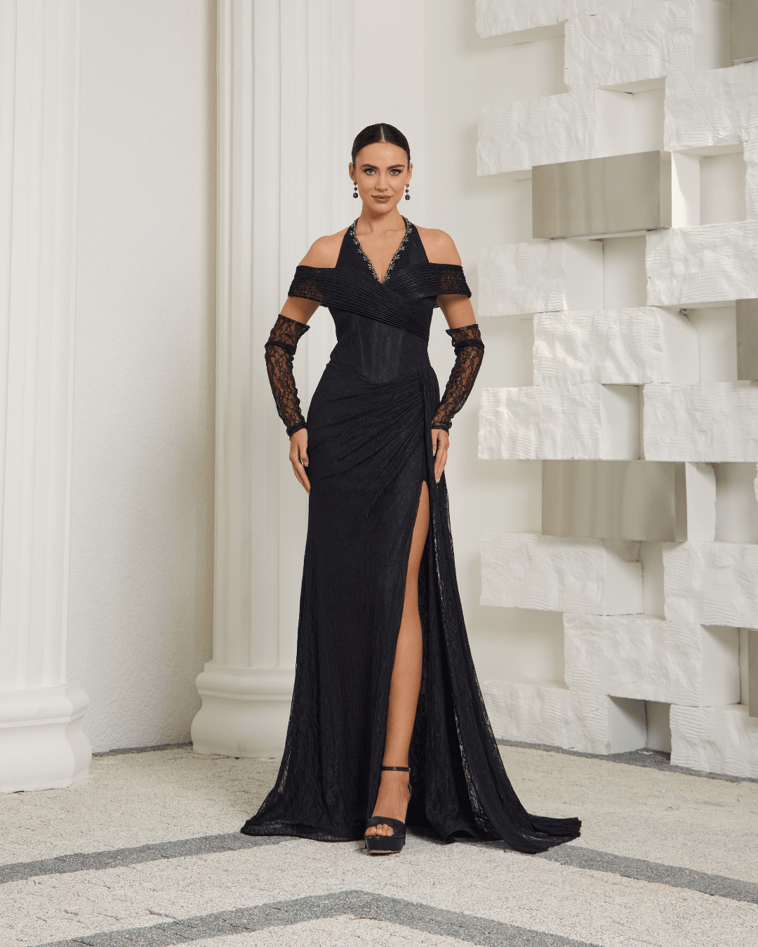 Black Lace Halter Neck Evening Dress